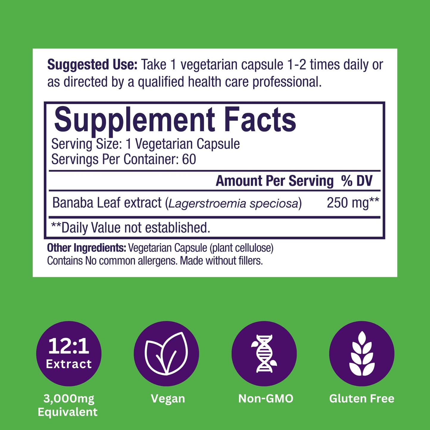 Paradise Herbs Banaba Leaf 12:1 Extract 250 mg Vegan Capsules, 60 Count