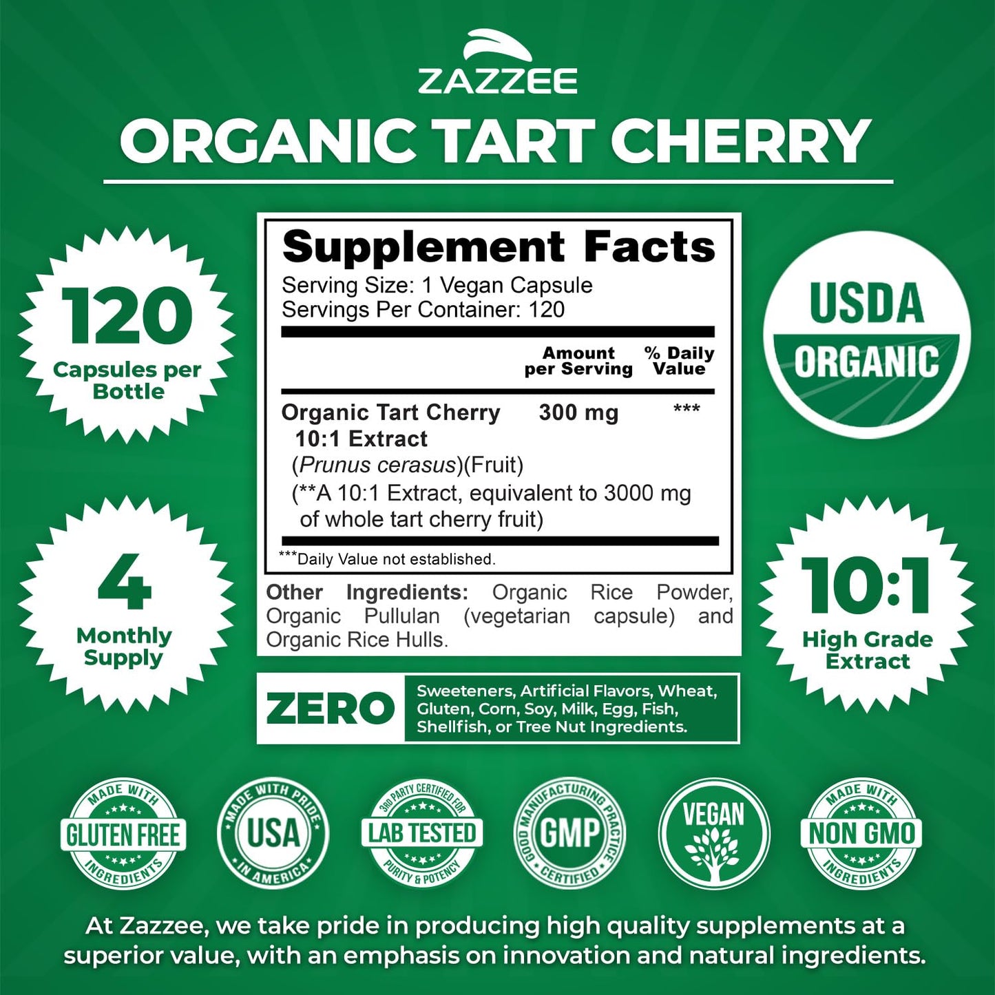 Zazzee USDA Organic Tart Cherry 10:1 Extract Capsule, 120 Capsules