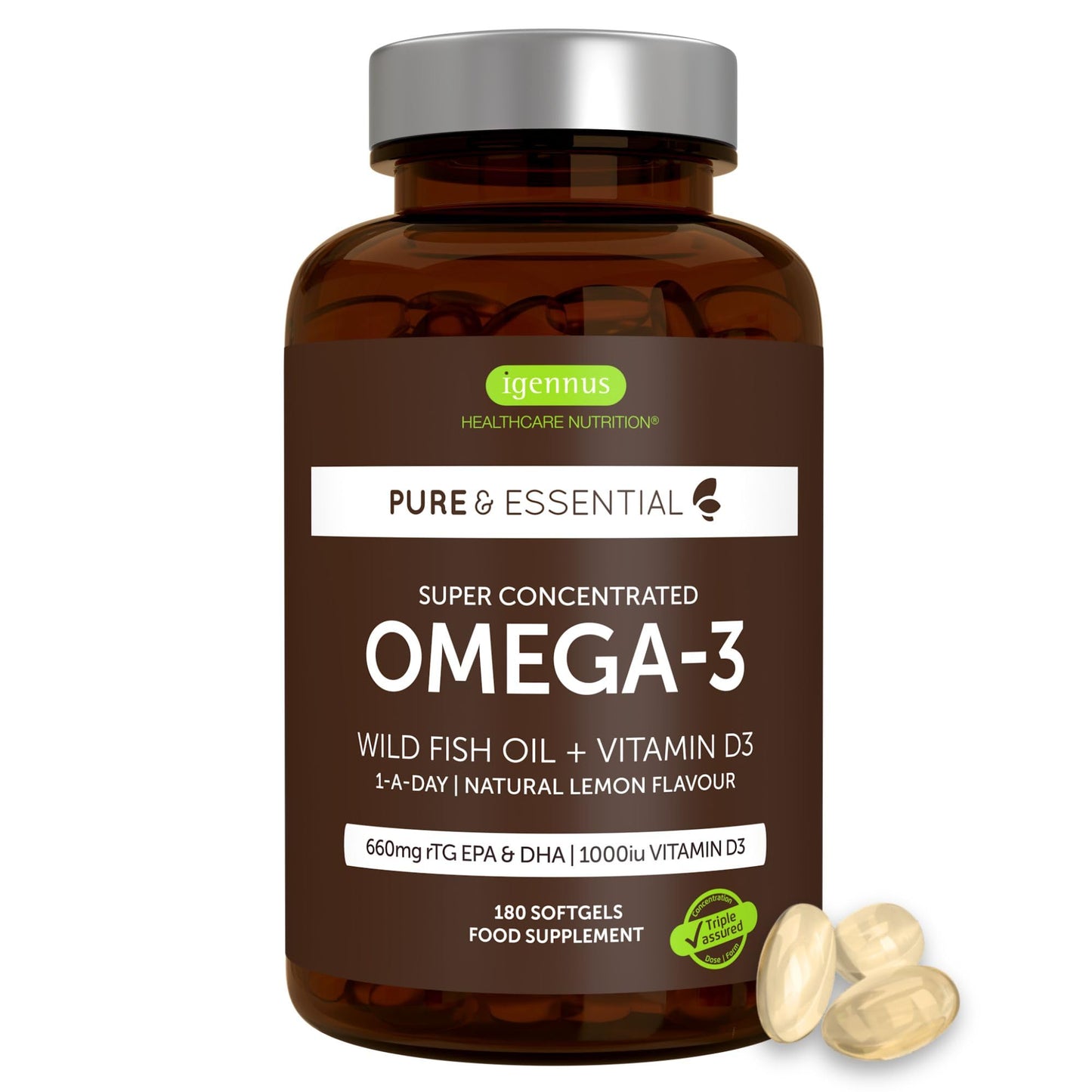 Igennus Healthcare Nutrition Advanced rTG Omega-3 IFOS Certified Wild Fish Oil & Vitamin D3 Softgels 180