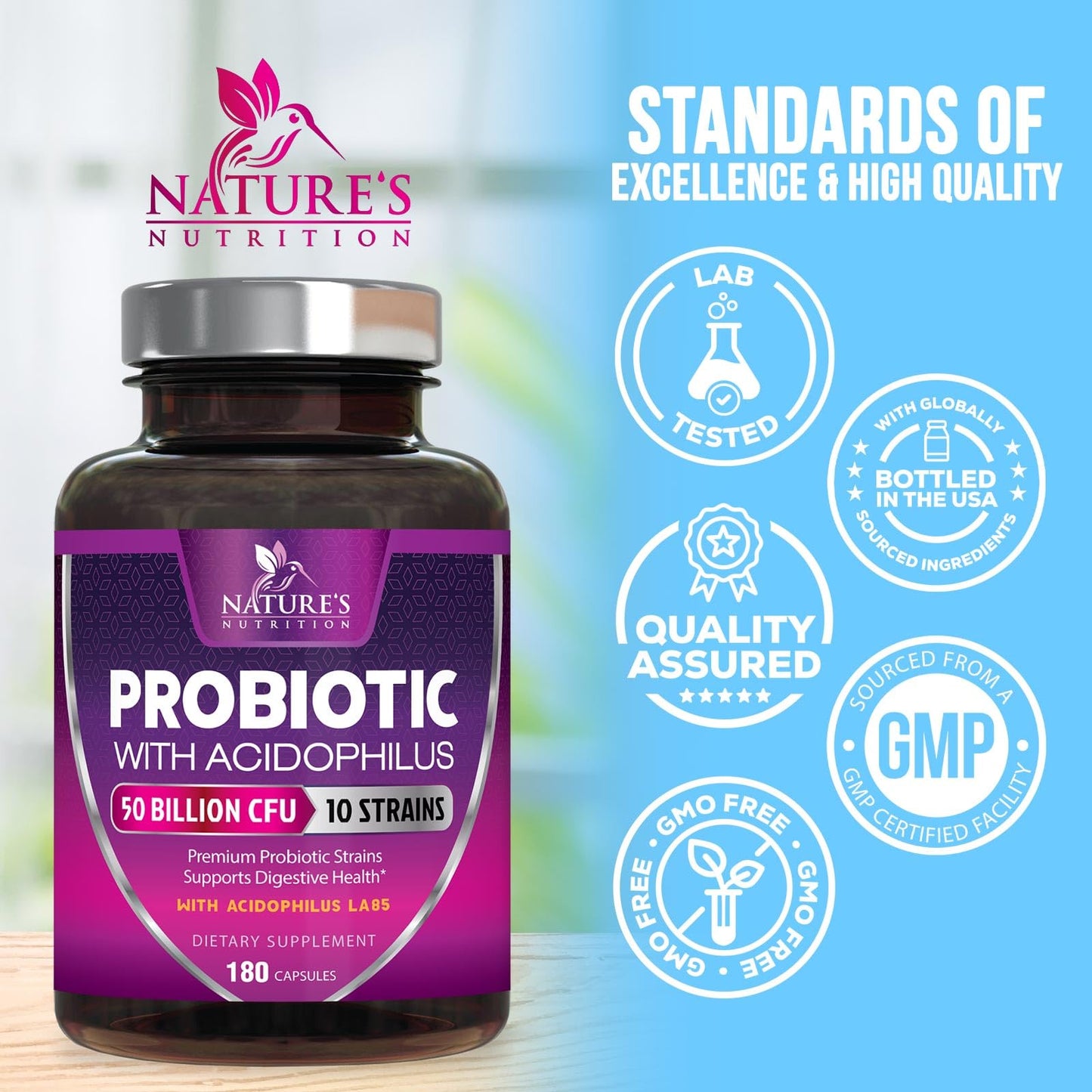 Nature's Nutrition Probiotics - 50 Billion CFU per Capsule - 10 Strains & Prebiotics - For Digestive Gut Health, Bloating & Occasional Constipation, 180 Capsules