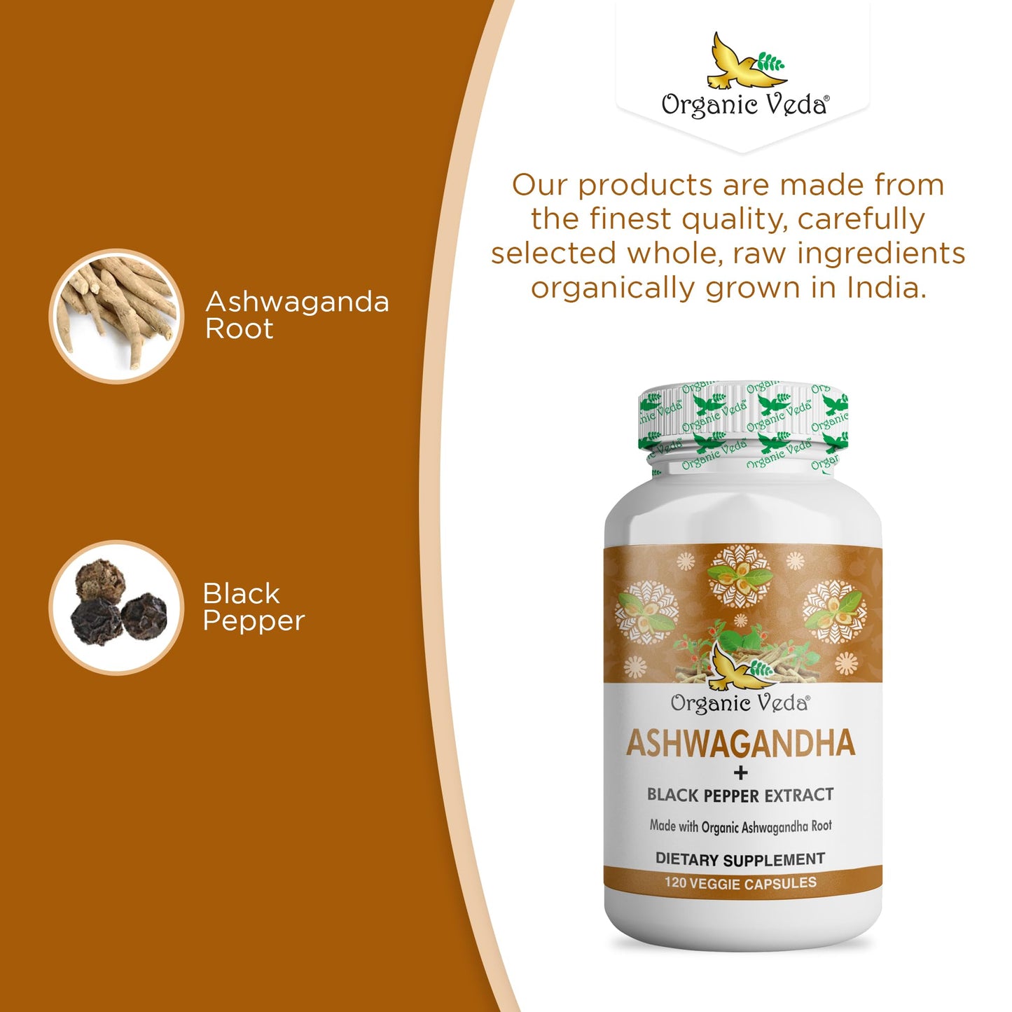 Organic Veda Ashwagandha Capsules Full Strength with Black Pepper Extract, 120 Veg Capsules