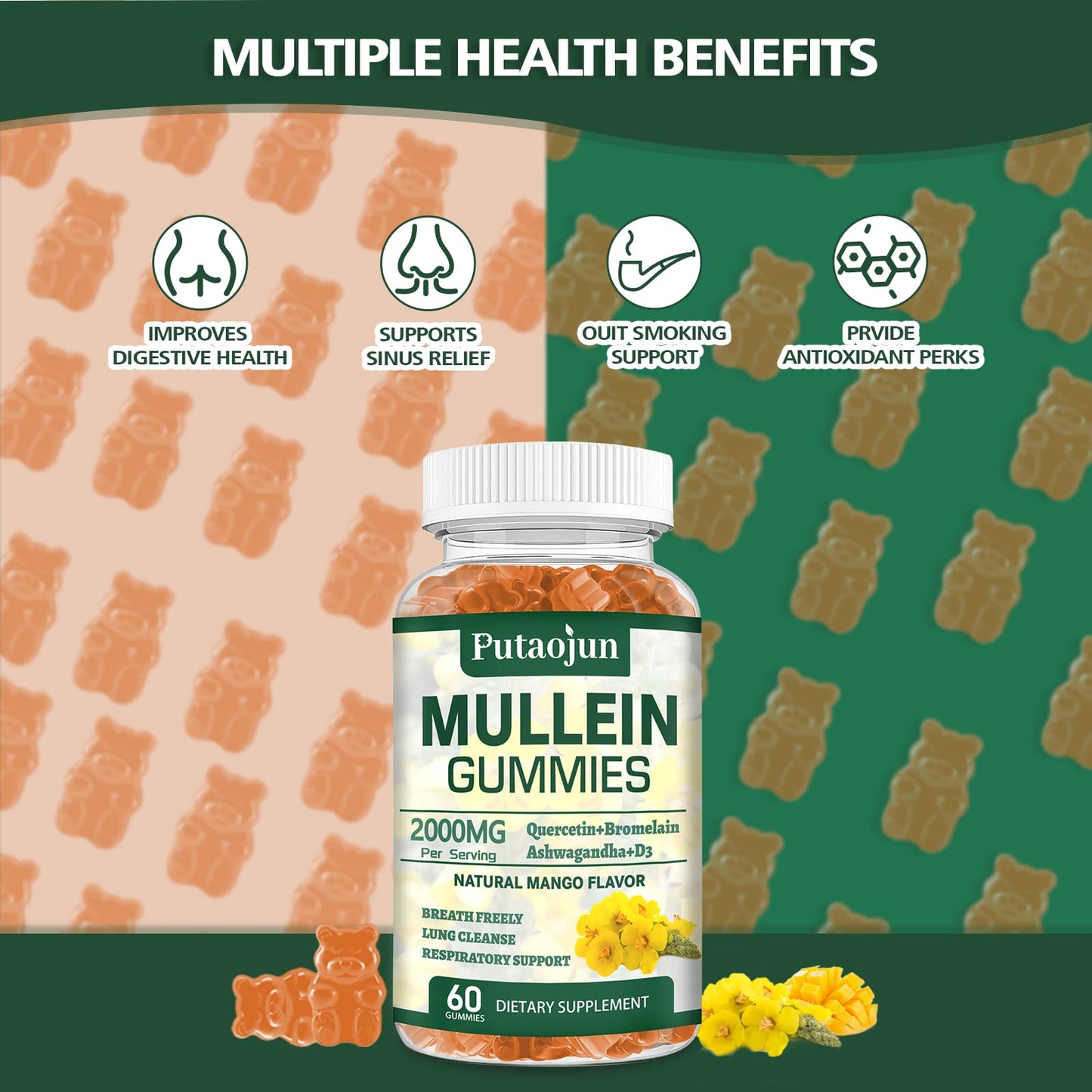 Putaojun Organic Mullein Gummies for Lungs, 2000mg Mullein Leaf Extract with Quercetin & Bromelain, Mango Flavor, Sugar-Free, Vegan, 60 Count