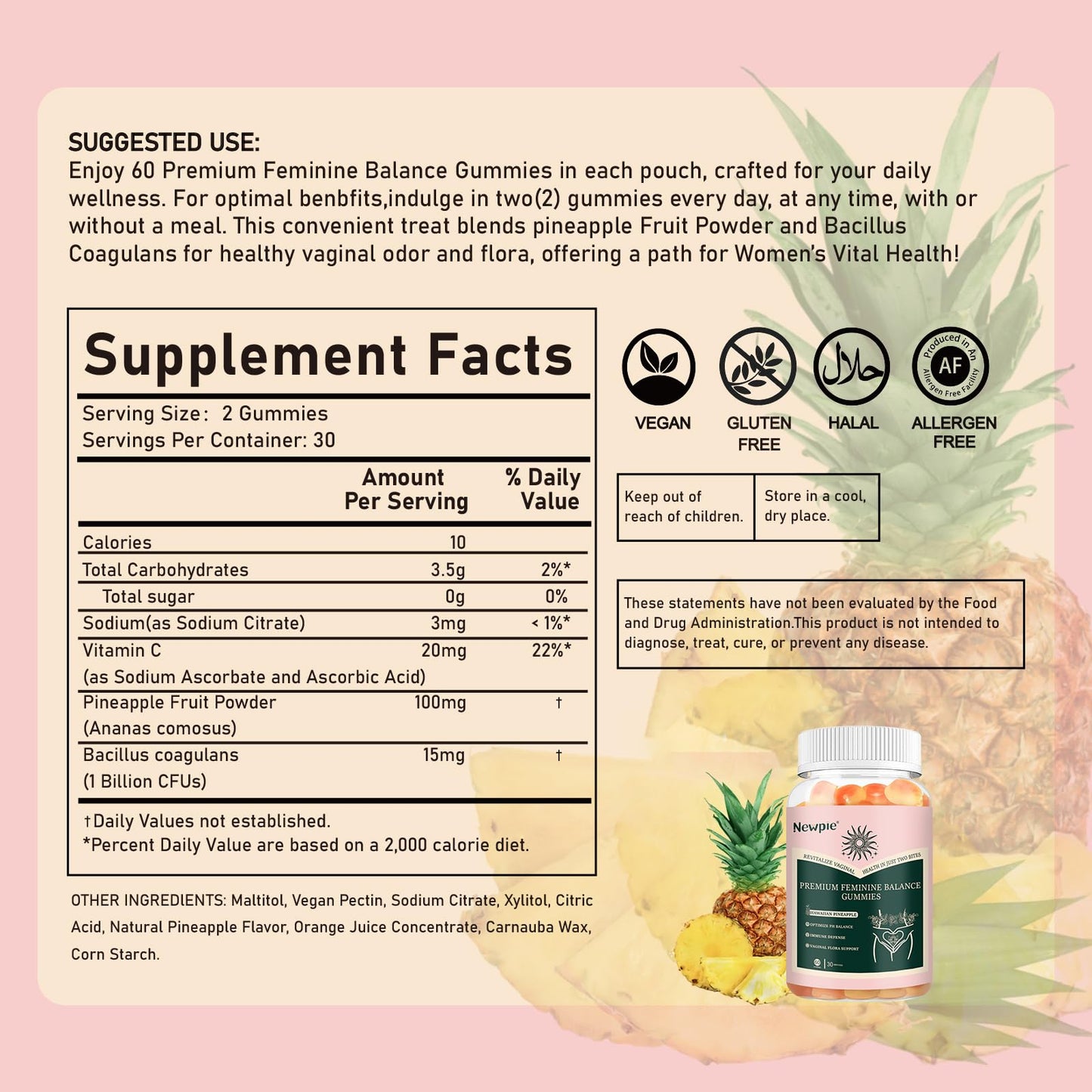 Blltzzz Premium Feminine Balance Gummies for Women Pineapple pH Health Immune Support Vegan, Gluten-Free & Halal, 60 Gummies