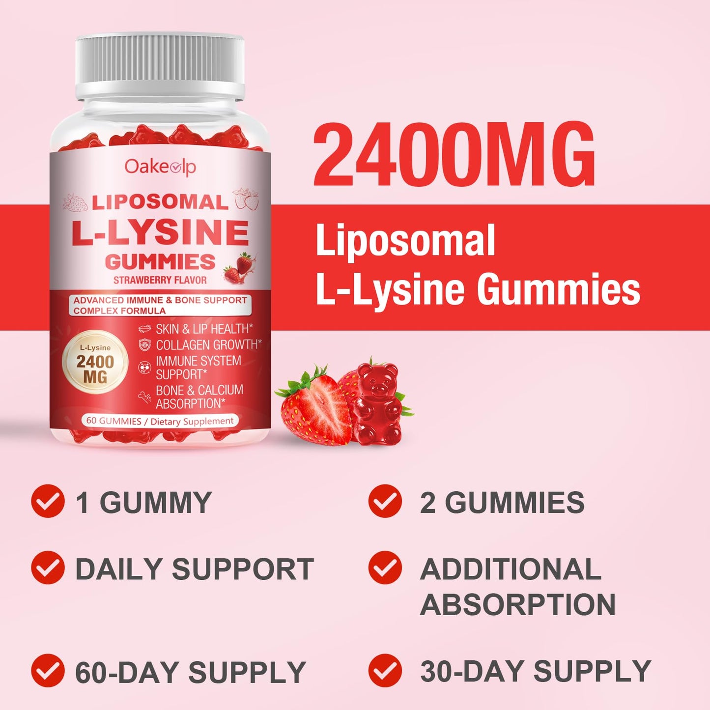 Oakevlp Liposomal L-Lysine 2400mg & Vitamin C 1000mg Gummies, 60 Count