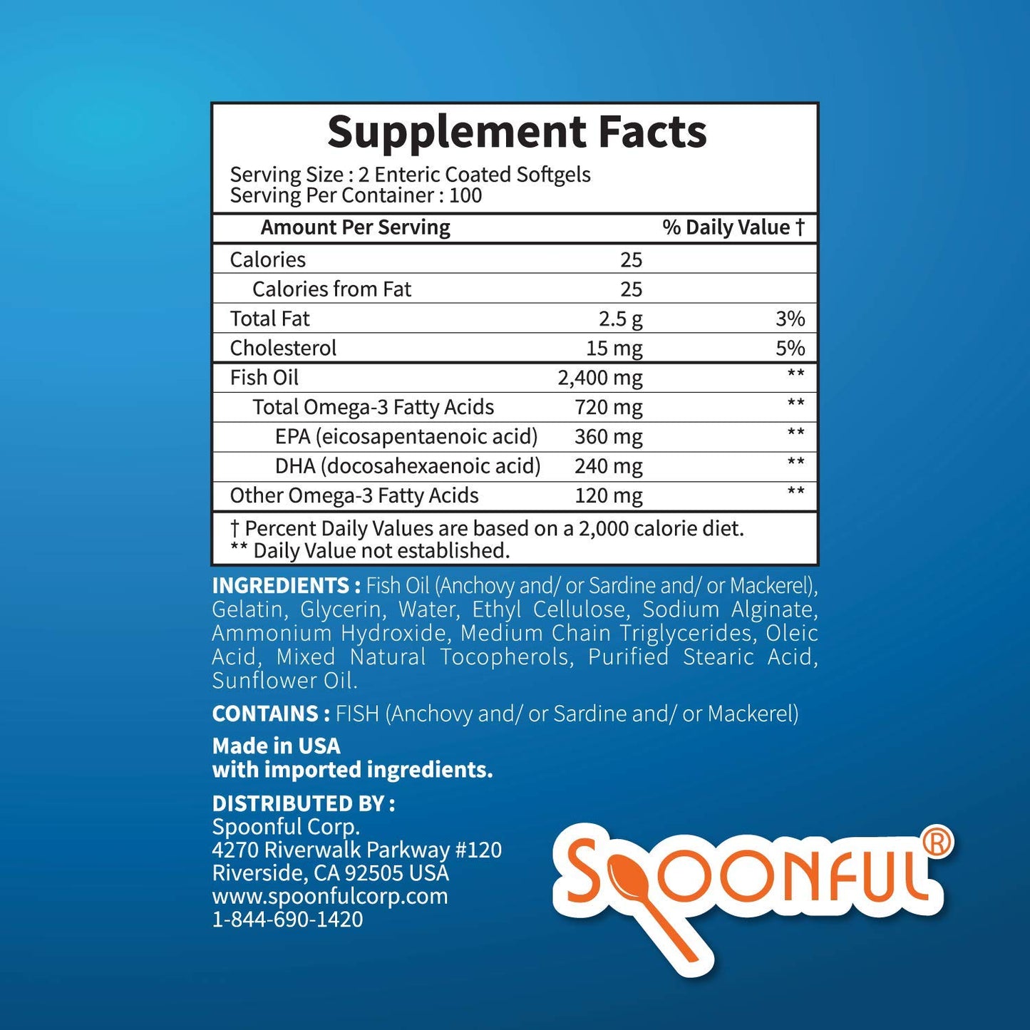Spoonful Omega 3 Fish Oil Enteric Coated 2400mg Softgel, 200 Softgels