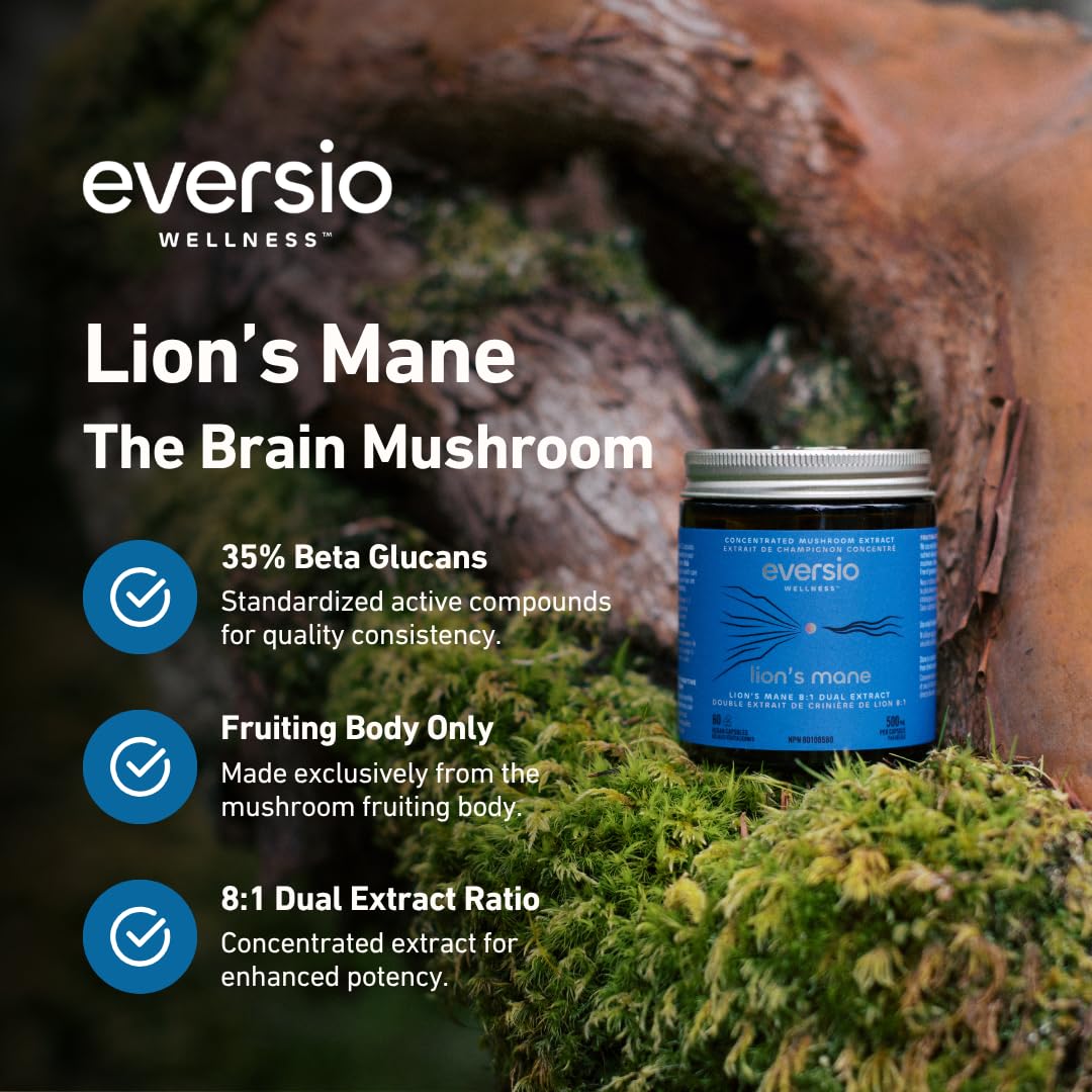 Eversio Wellness Organic Lion’s Mane Capsules – 8:1 Dual Extract, 500mg per Capsule, >35% Beta-Glucans – Fruiting Body Mushroom Supplement for Focus & Memory Support, 60 Capsules