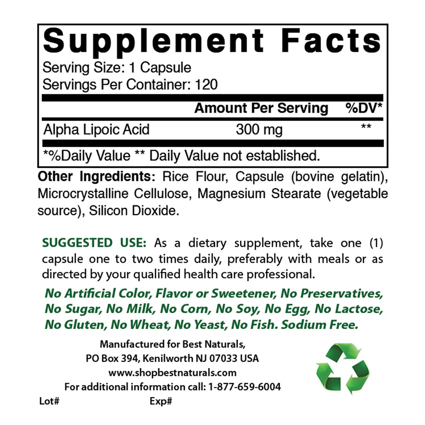Best Naturals Alpha Lipoic Acid 300 mg & Acetyl L-Carnitine 500 mg Capsules, 120 Count