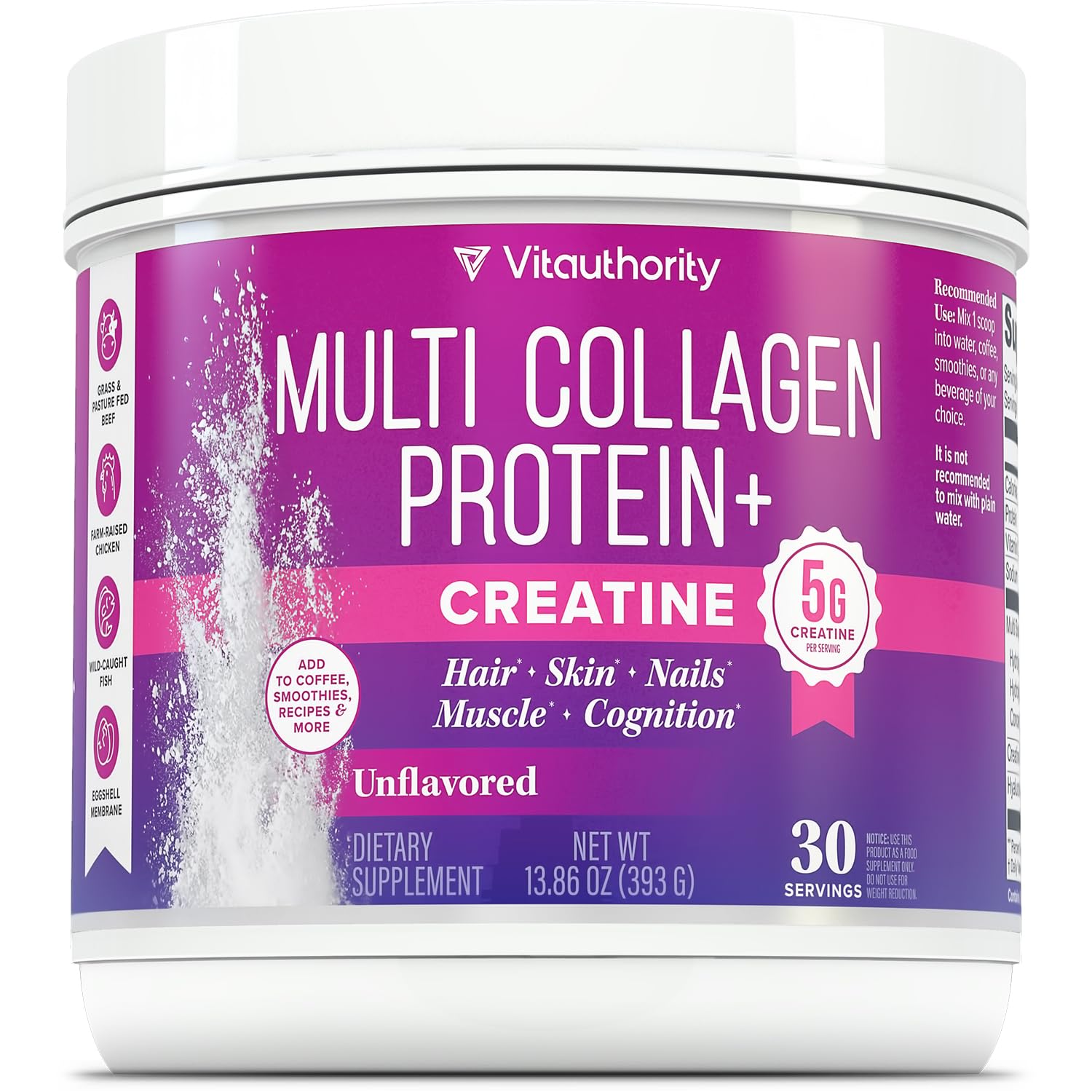 Vitauthority Multi Collagen Protein + Creatine Powder, 13.8 oz