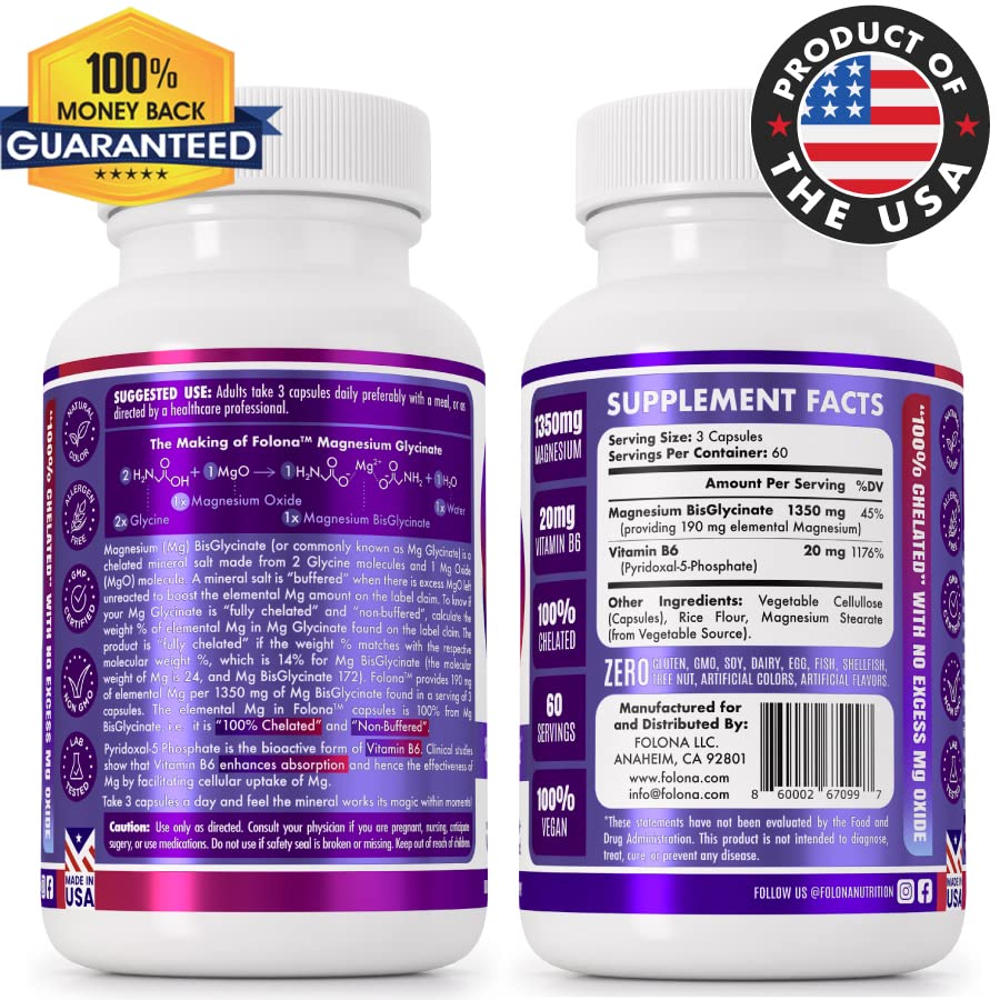 FOLONA Magnesium Glycinate with Vitamin B6, 1350mg Fully Chelated, Vegan Capsules, 180 Count