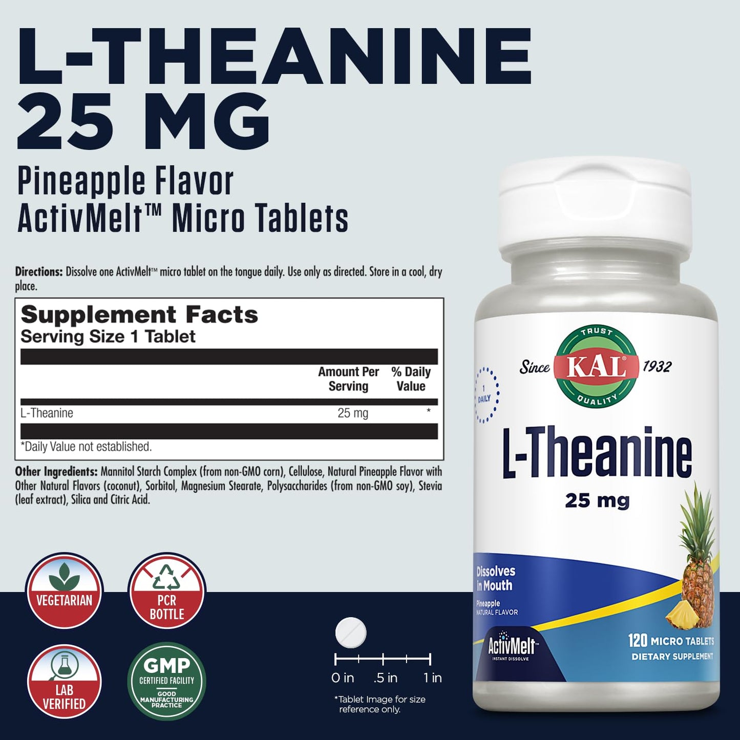 KAL L-Theanine 25 mg ActivMelt Tablet, 120 Tablets