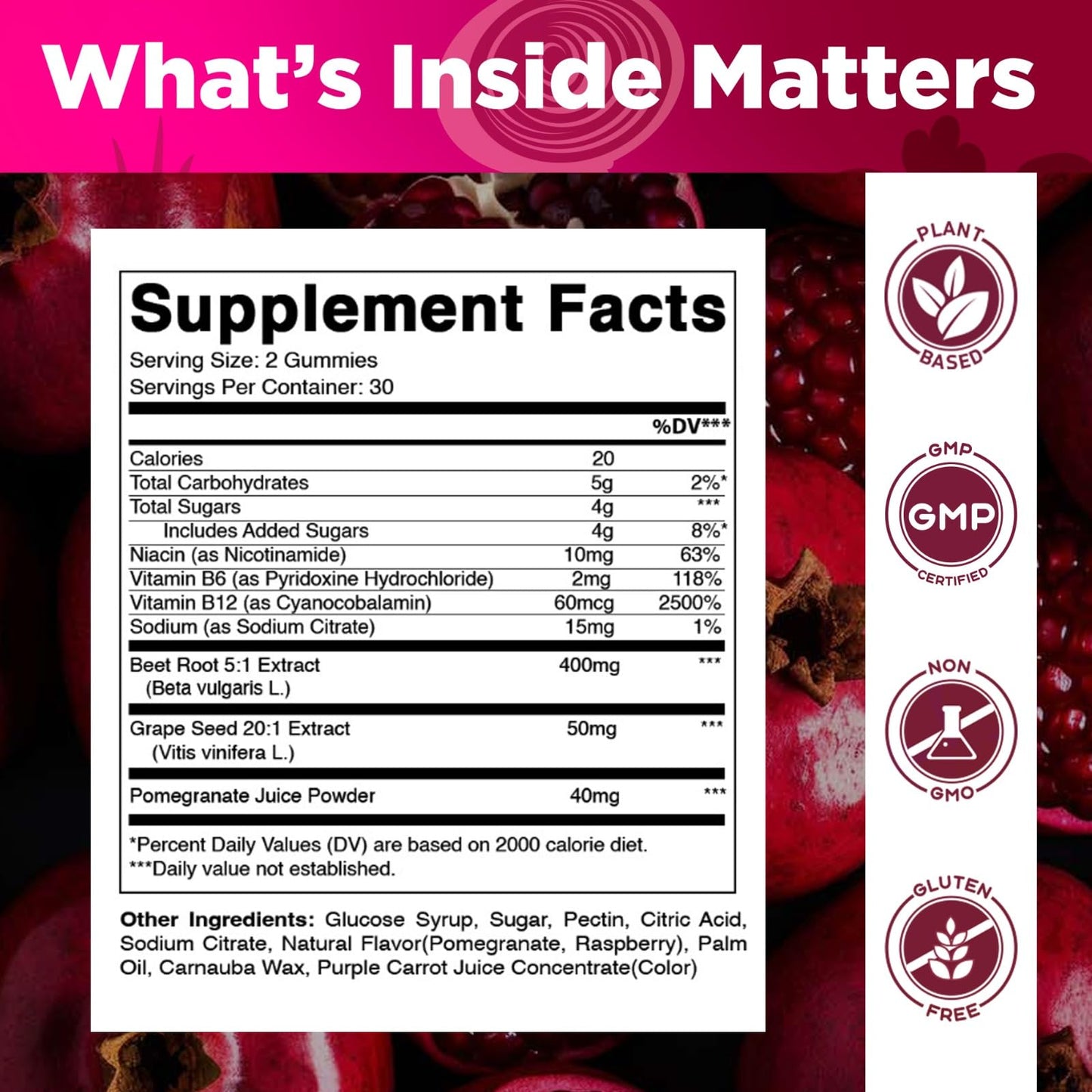 Vitamatic Beet Root Gummies with B6, B12, Grape Seed, Pomegranate & Nicotinamide – Plant-Based Extract – Vegan, Non-GMO – 120 Count