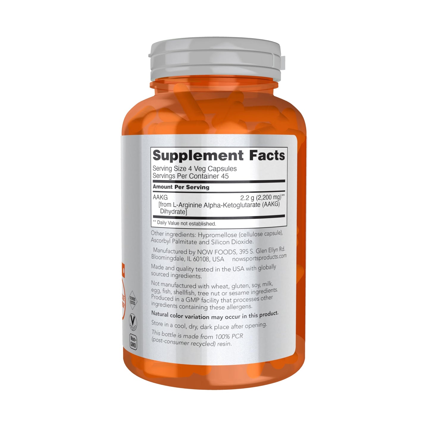 NOW Foods AAKG 2200 Arginine Capsules, 180 Count