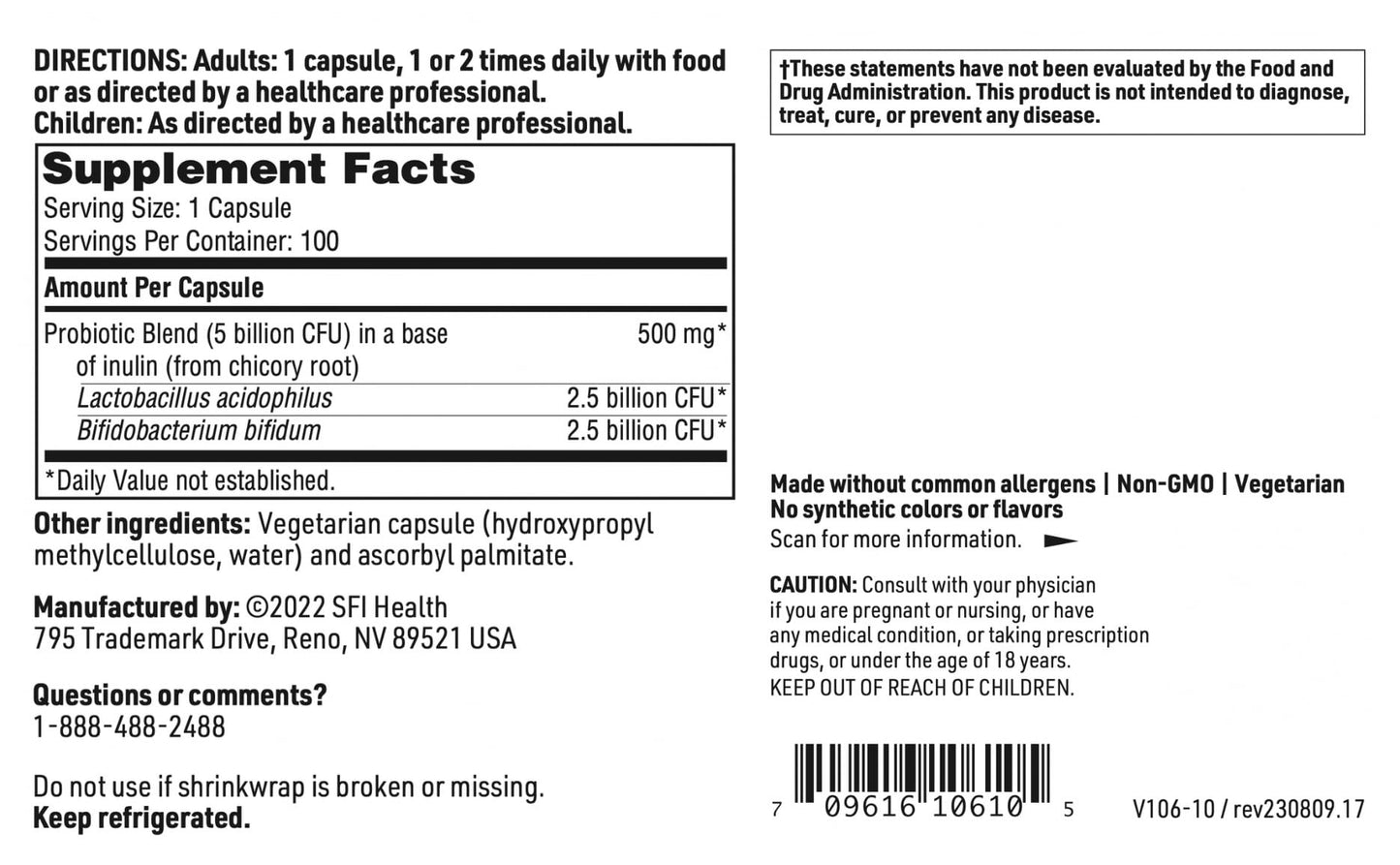 SFI Health Pro-Biotic Complex - Intestinal Support for Men & Women, 5 Billion CFU Lactobacillus acidophilus & Bifidobacterium bifidum Probiotic, Hypoallergenic & Dairy-Free, 100 Capsules