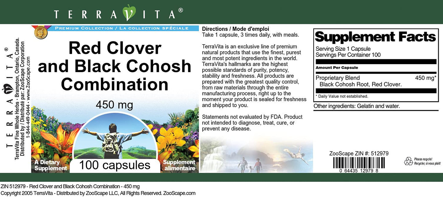 Terravita Red Clover and Black Cohosh Combination 450 mg Capsules, 100 Capsules