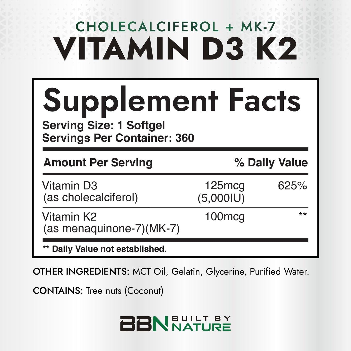 Built by Nature Vitamin D3 K2, 5000 IU + 100 mcg MK-7 Softgels, 360 Count