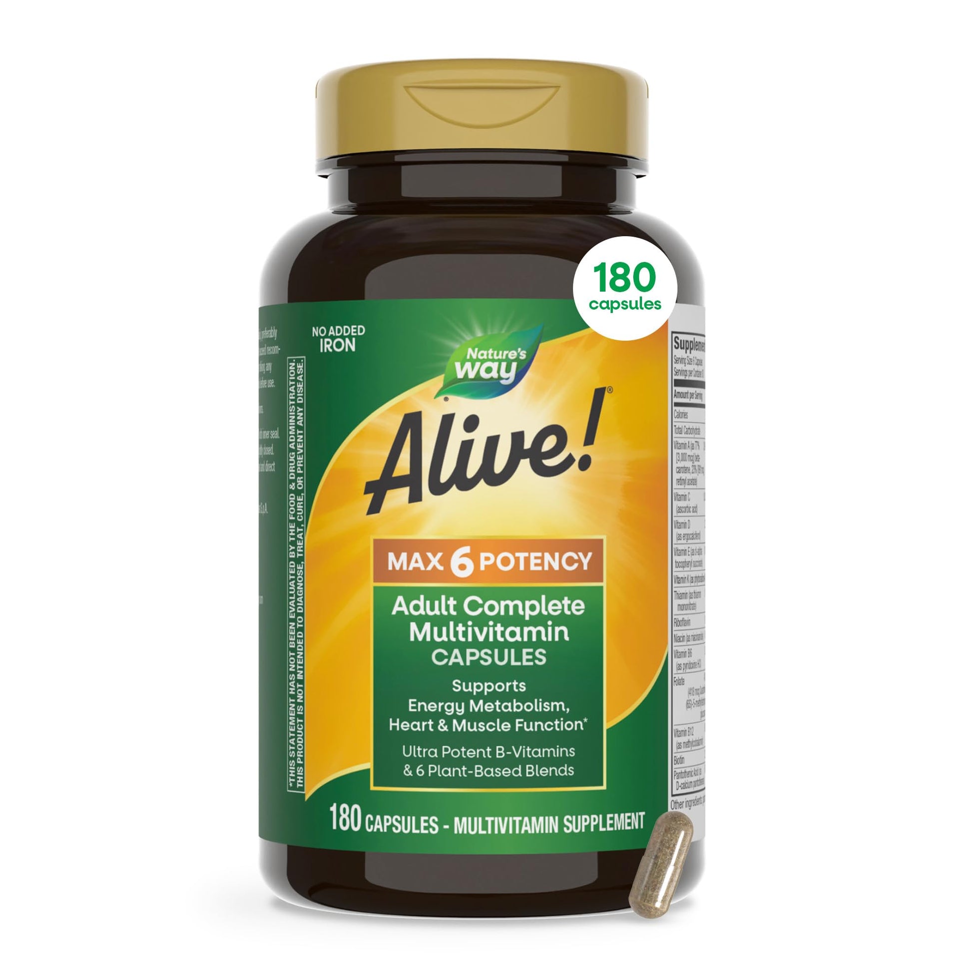 Nature's Way Alive! Max6 Potency Adult Complete Multivitamin No Iron Capsule 180 Count
