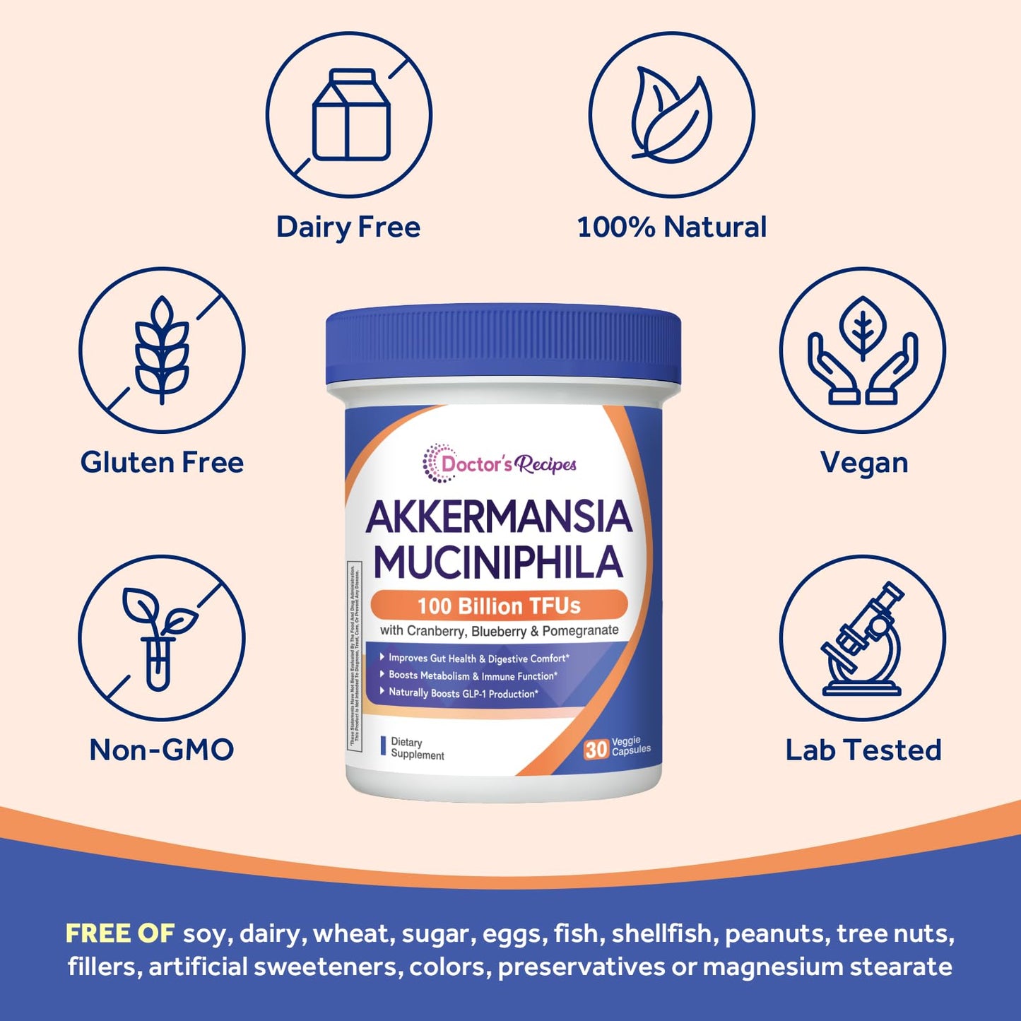 Doctor's Recipes Akkermansia Probiotic, Akkermansia Muciniphila 100 Billion TFUs, Cranberry-Blueberry-Pomegranate Extract, GLP-1 Production, Gut, Digestive, Immune Health, 30 Veggie Capsules