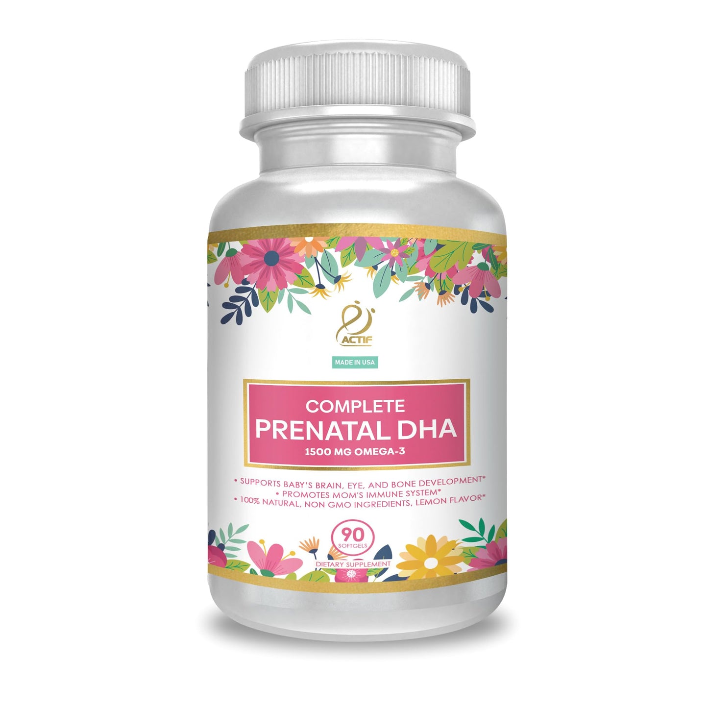 ACTIF Complete Prenatal DHA with 1500mg Omega-3, 100% Natural, Organic DHA, EPA – Non-GMO Softgels, 90 Count