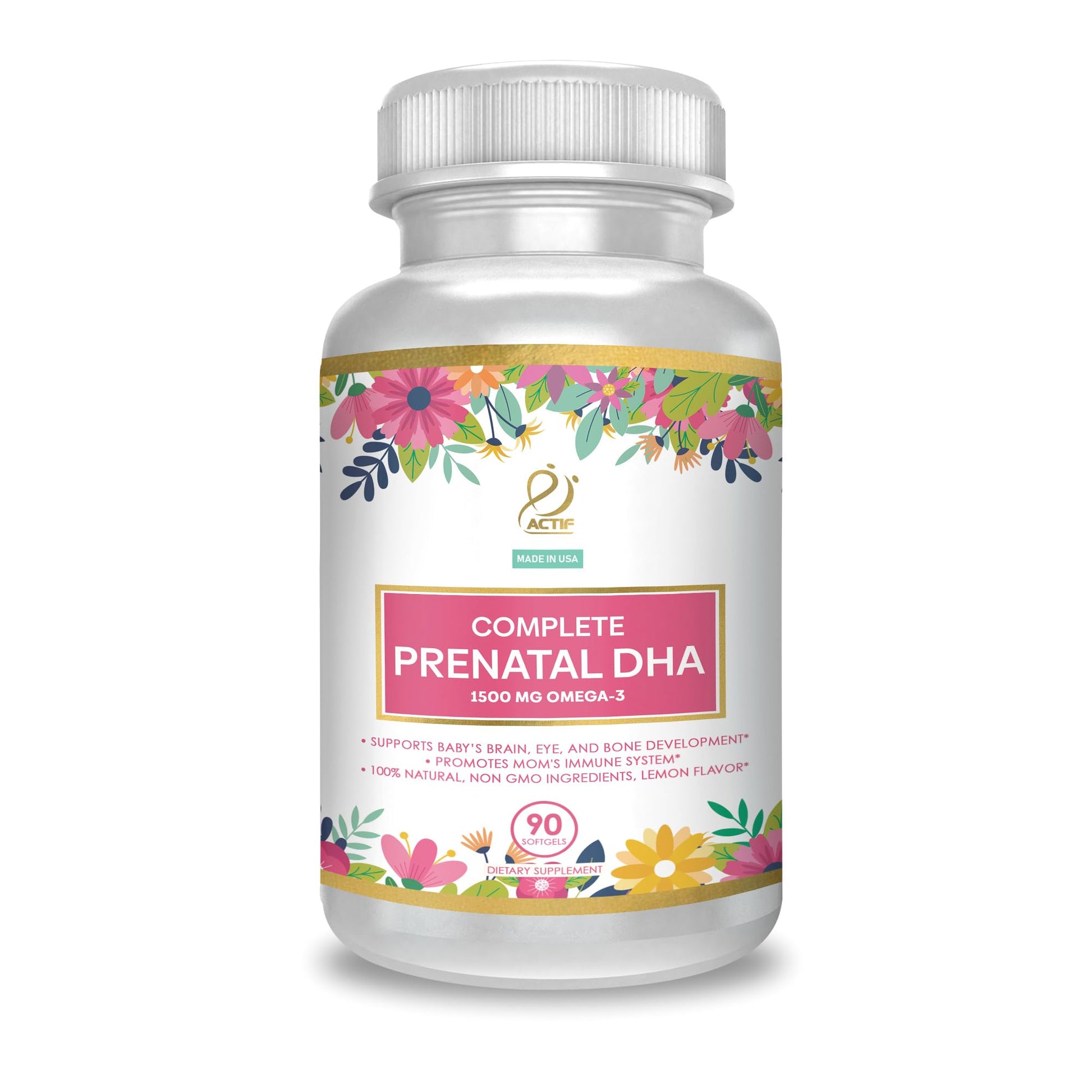 ACTIF Complete Prenatal DHA with 1500mg Omega-3, 100% Natural, Organic DHA, EPA – Non-GMO Softgels, 90 Count
