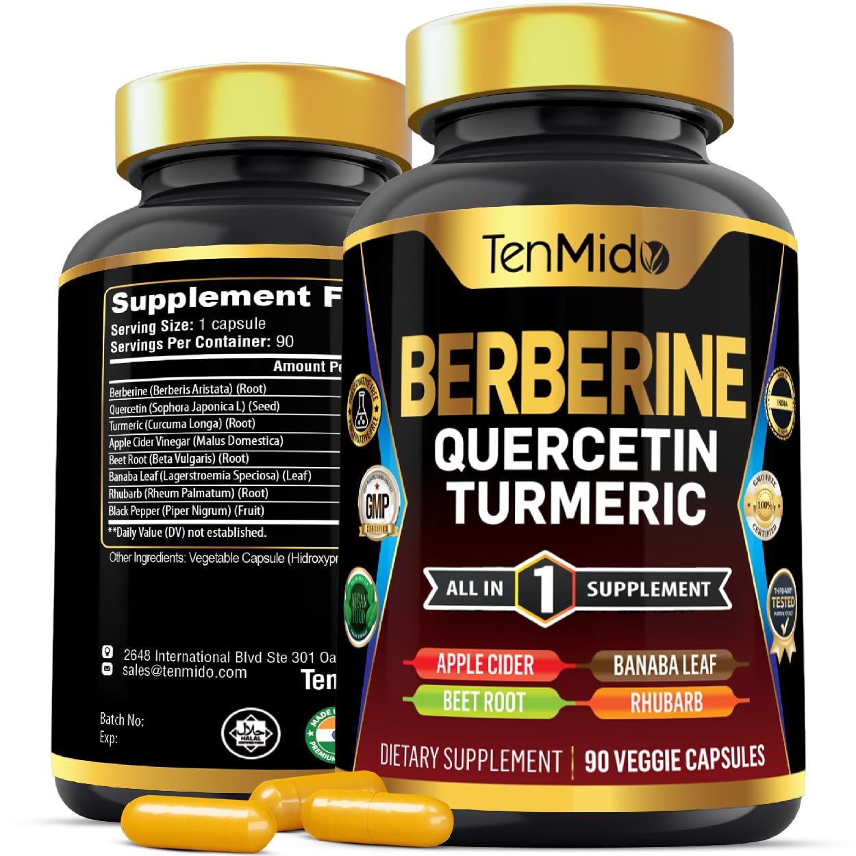 Tenmido Berberine Supplement Capsules, 90 Count