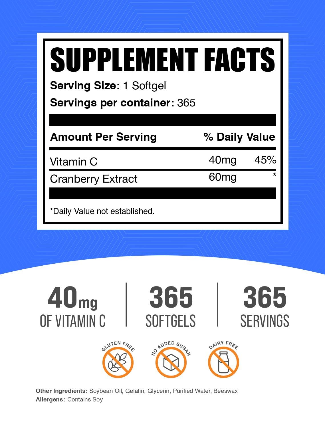 BulkSupplements Cranberry with Vitamin C Softgels, 365 Count