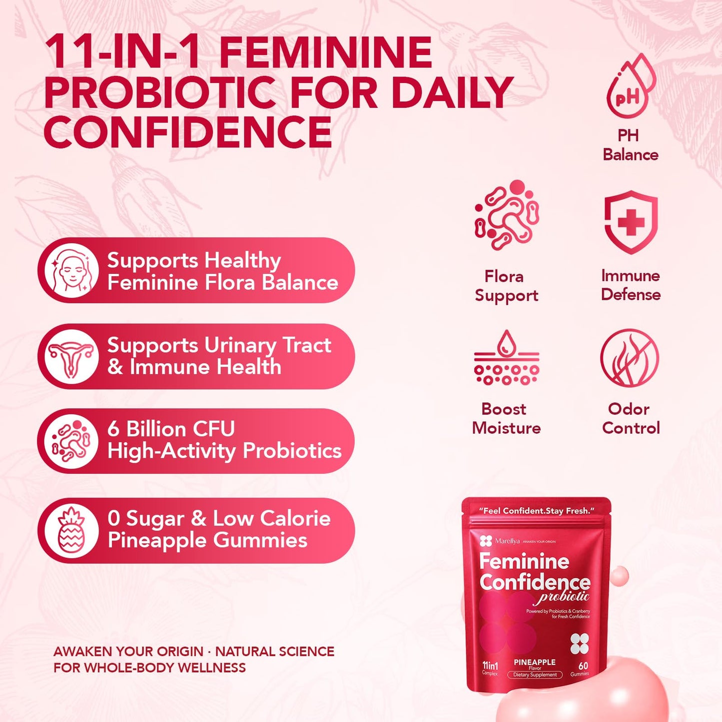 Marellya Vaginal Probiotic Gummies for Women, 60 Count