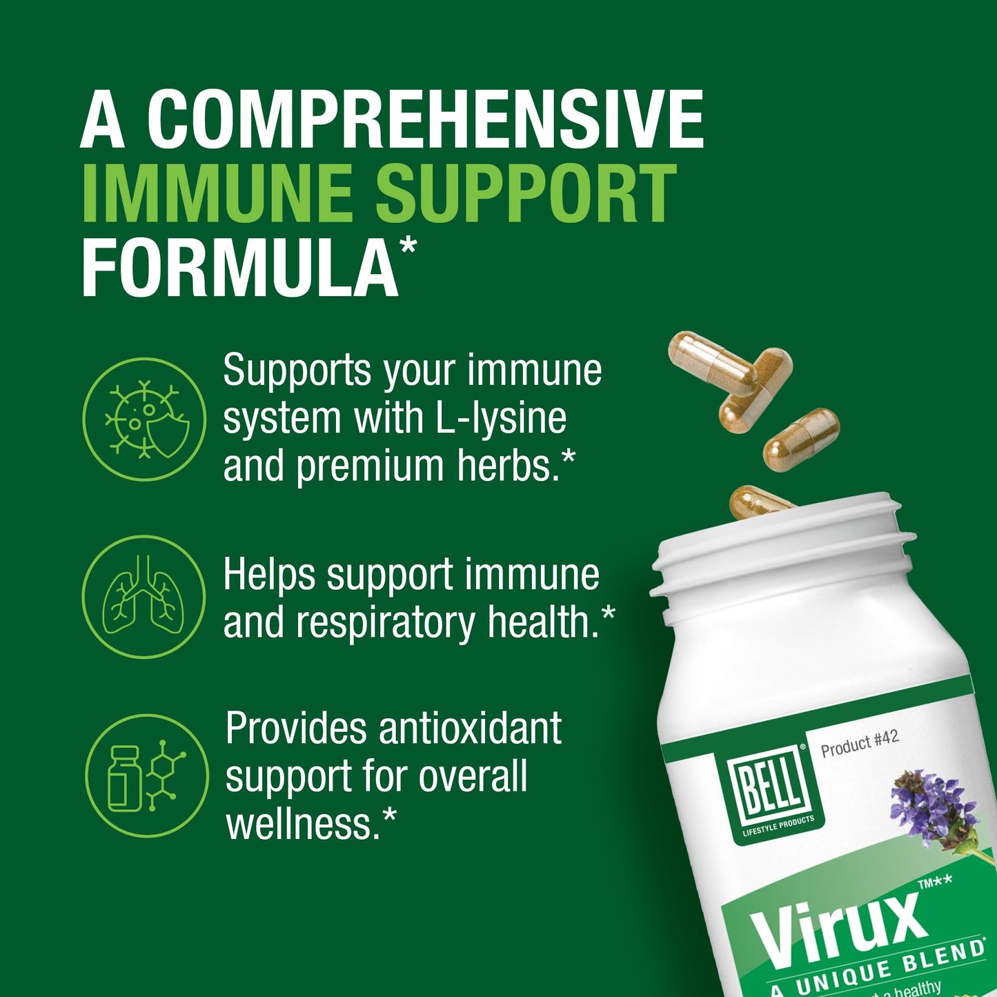 Bell Virux L-Lysine & Red Marine Algae Immune Support Capsule 60 Count