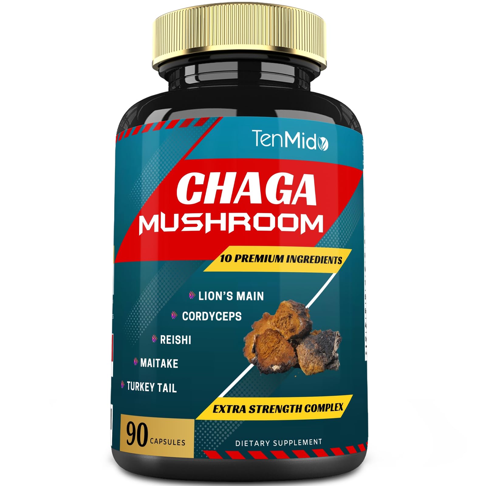Tenmido Chaga Mushroom Extract Capsules with Lions Mane, Cordyceps and More, 90 Count