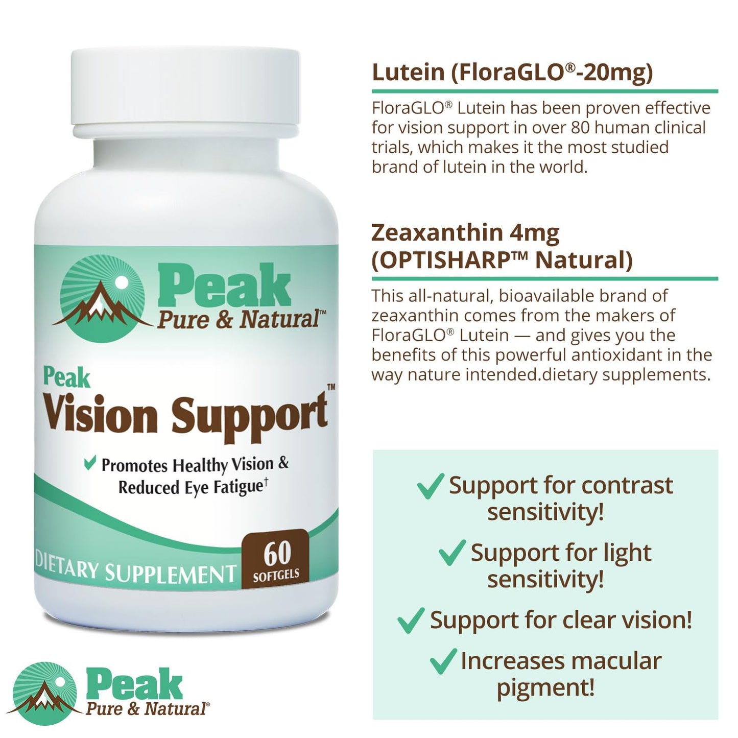 Peak Pure & Natural Vision Support Eye Health Softgels with Lutein & Zeaxanthin 60 Count
