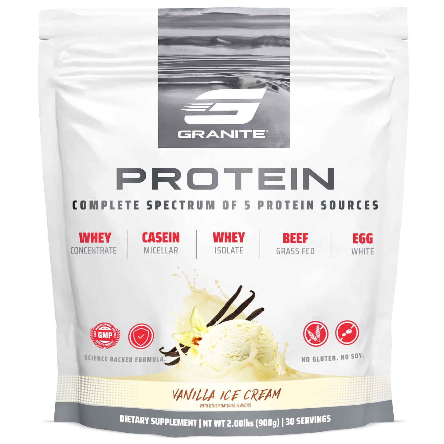 Granite Supplements Protein Powder - Premium 5-Source Blend (Whey, Casein, Egg, Grass-Fed Beef) Vanilla Ice Cream, Powder, 6 x 5.41 oz
