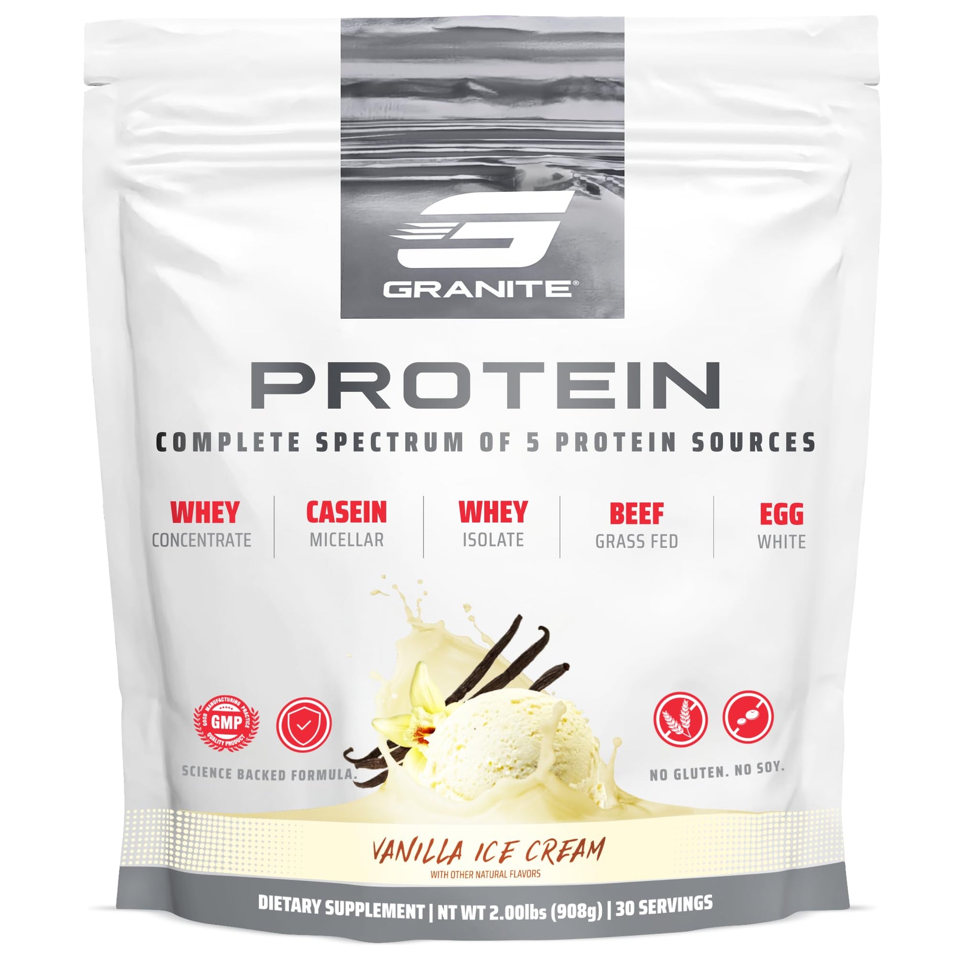 Granite Supplements Protein Powder - Premium 5-Source Blend (Whey, Casein, Egg, Grass-Fed Beef) Vanilla Ice Cream, Powder, 6 x 5.41 oz
