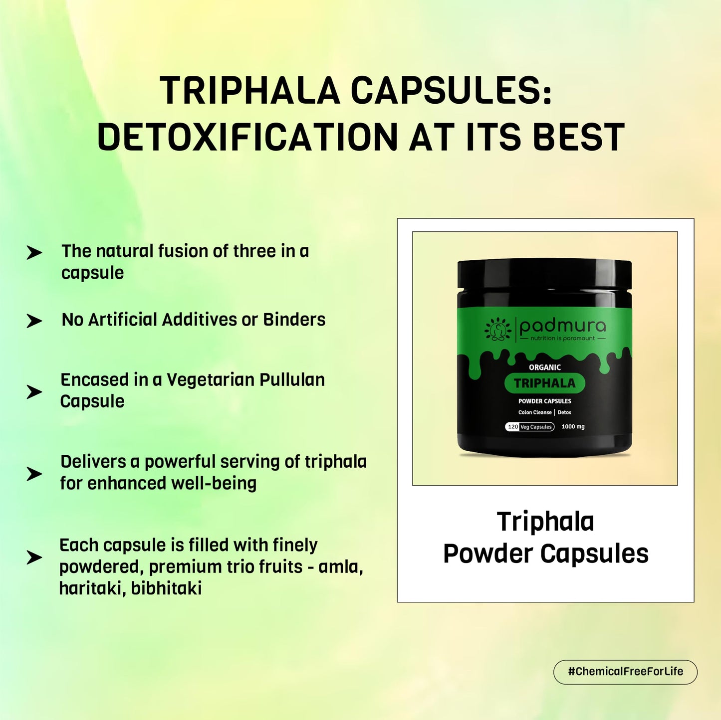 PADMURA Organic Triphala Powder Capsules 1000mg, 120 Veg Capsules