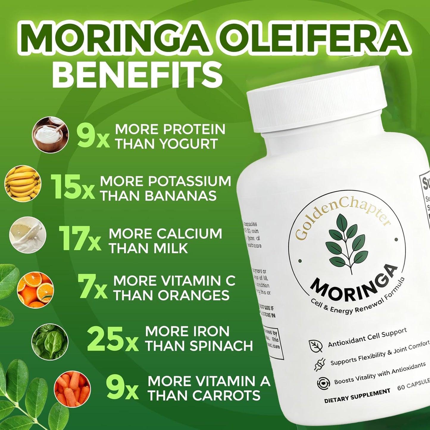 GoldenChapter Pure Moringa Capsules with Iron, Magnesium, Vitamins B12 & C, Energy Boost & Gut Health, 60 Count