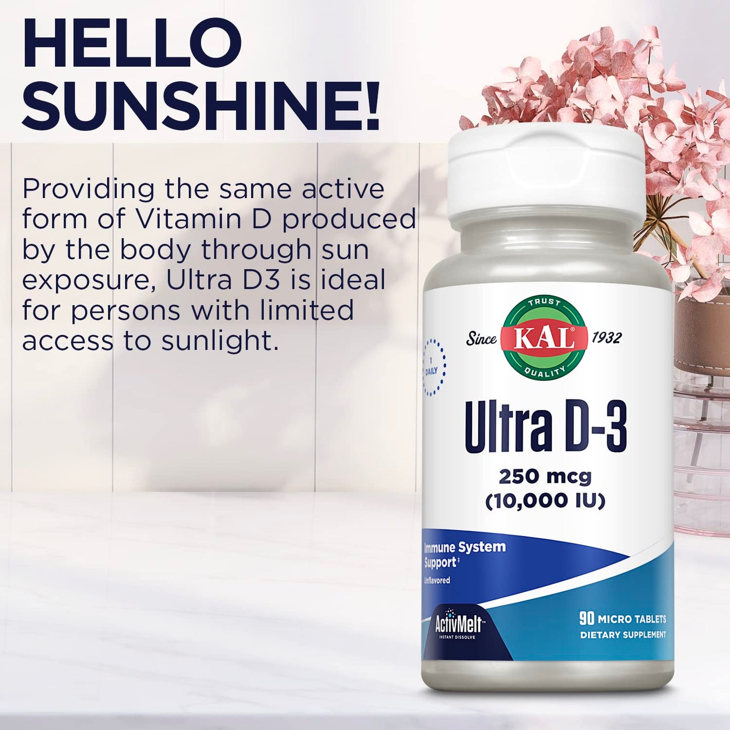 KAL Ultra Vitamin D3 250 mcg (10000 IU) High Potency Vitamin D Tablets, 90 Count