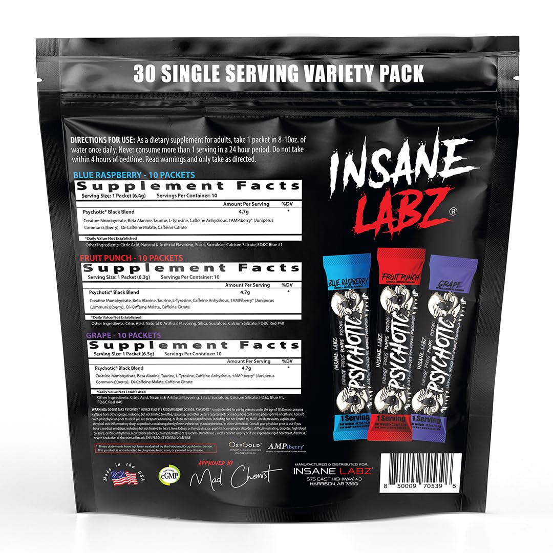 Insane Labz Psychotic Black Edition Mid Stimulant Pre Workout Powder, 6-Count
