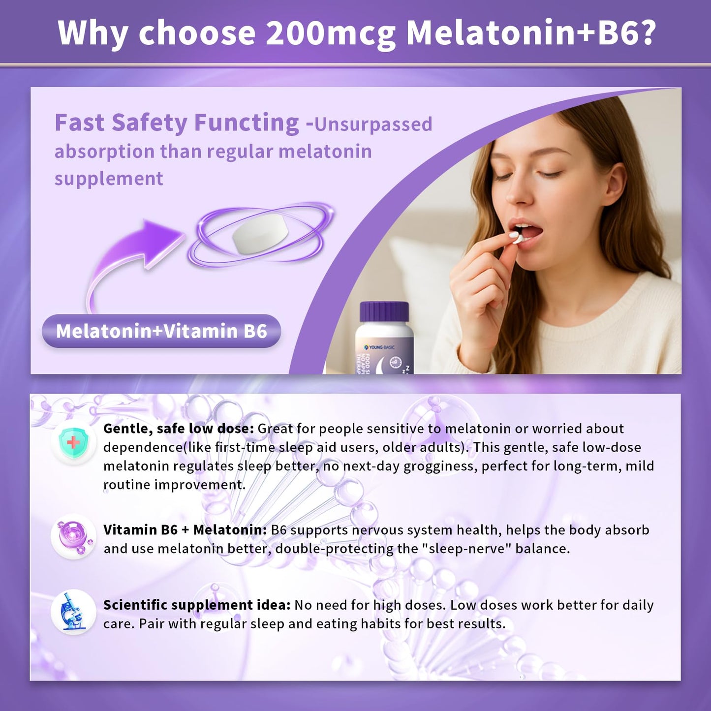 9 YOUNG-BASIC Melatonin 200mcg Dual Spectrum with Vitamin B6, Quick & Extended Release, 60 Tablets