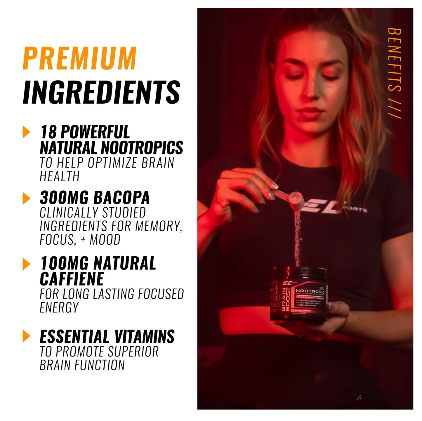 EC Sports Brain Boost Tropical Punch Nootropic Supplement for Focus, Faster Processing, Instant Energy & Performance w/ 18 Nootropics Powder, 1 oz