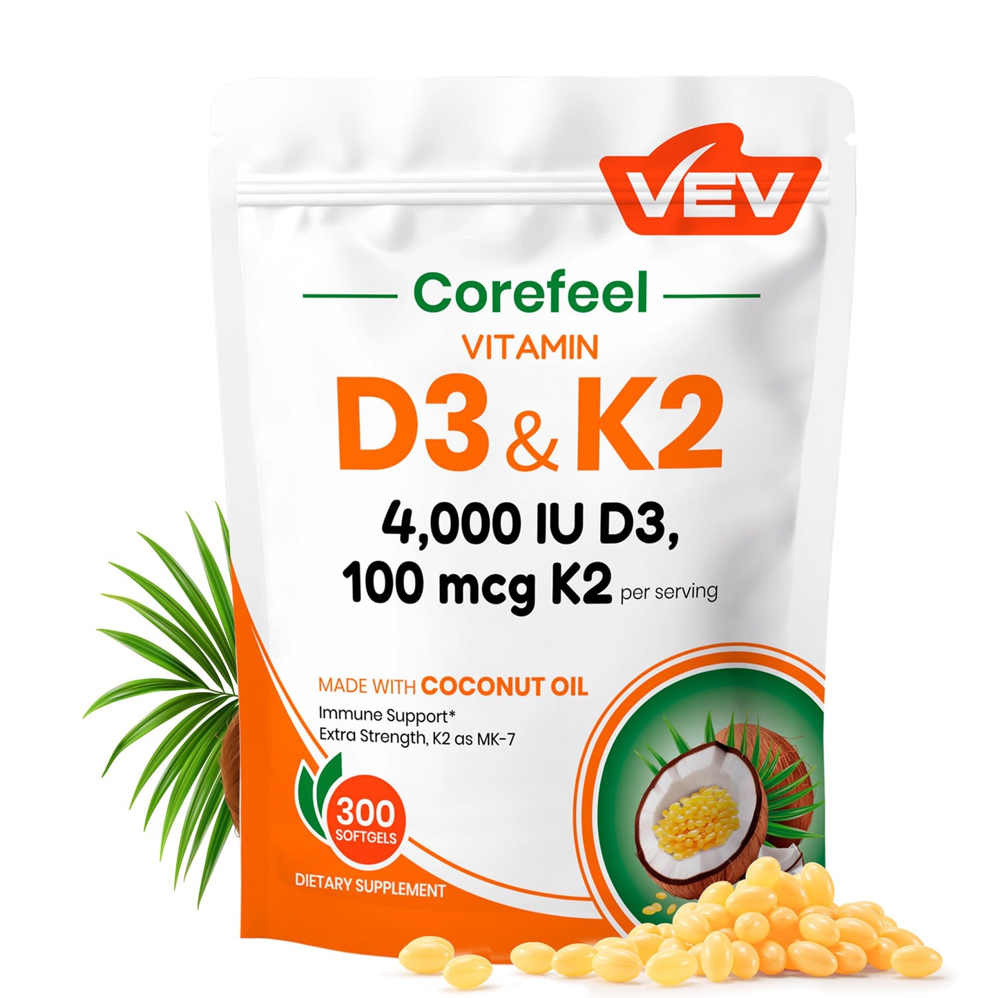 VEV Vitamin D3 K2 4000 IU, 100 mcg MK-7 with Coconut Oil Softgels, 300 Count