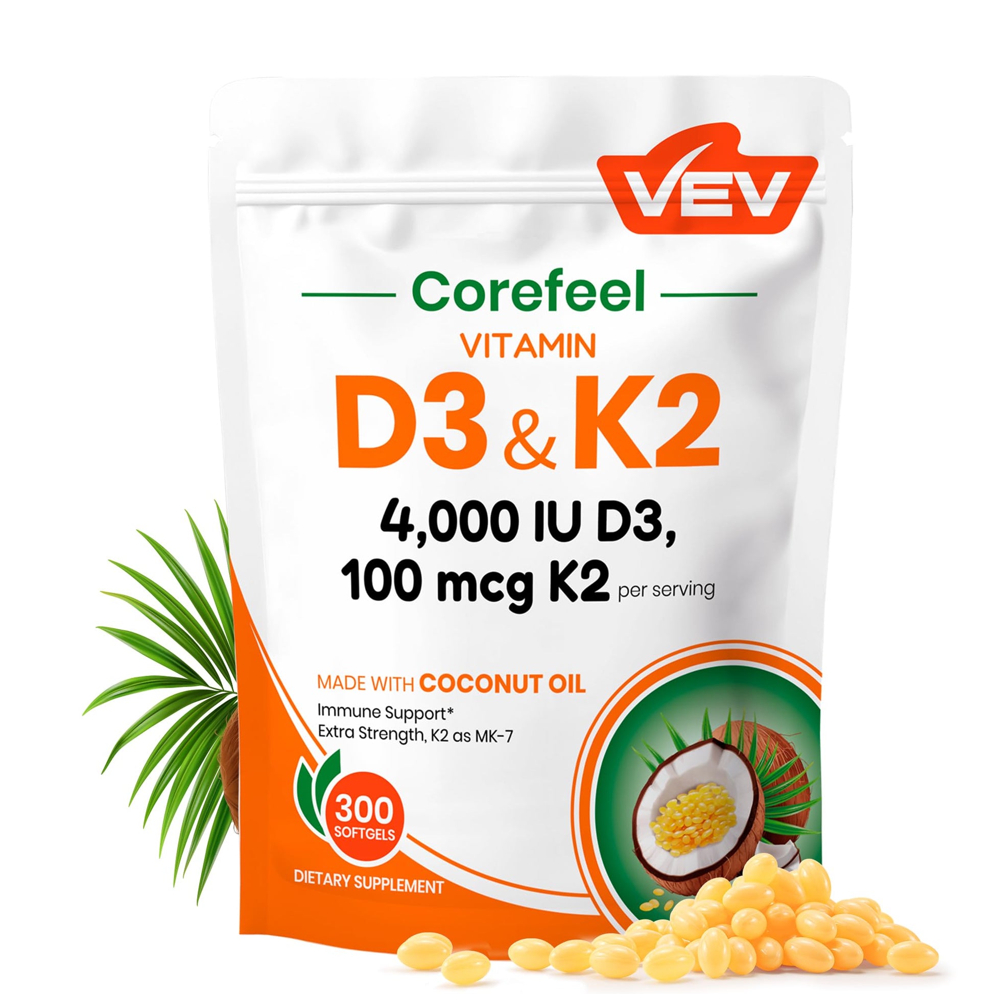 VEV Vitamin D3 K2 4000 IU, 100 mcg MK-7 with Coconut Oil Softgels, 300 Count