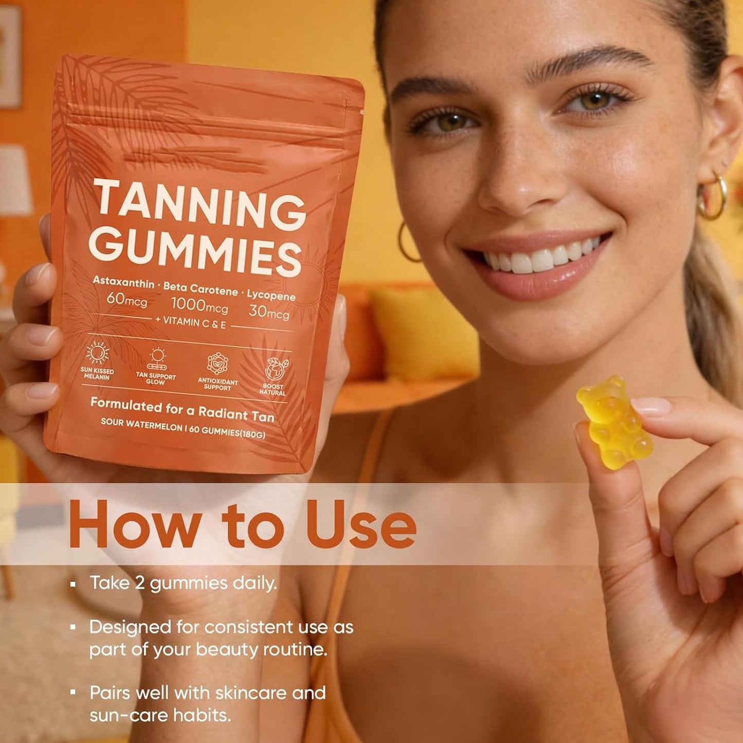 Qbustv Natural Tanning Gummies with Vitamin C & E, Astaxanthin & Beta Carotene for Radiant Glow & Hydration, Non-GMO, Vegan, Sugar-Free, 60 Count