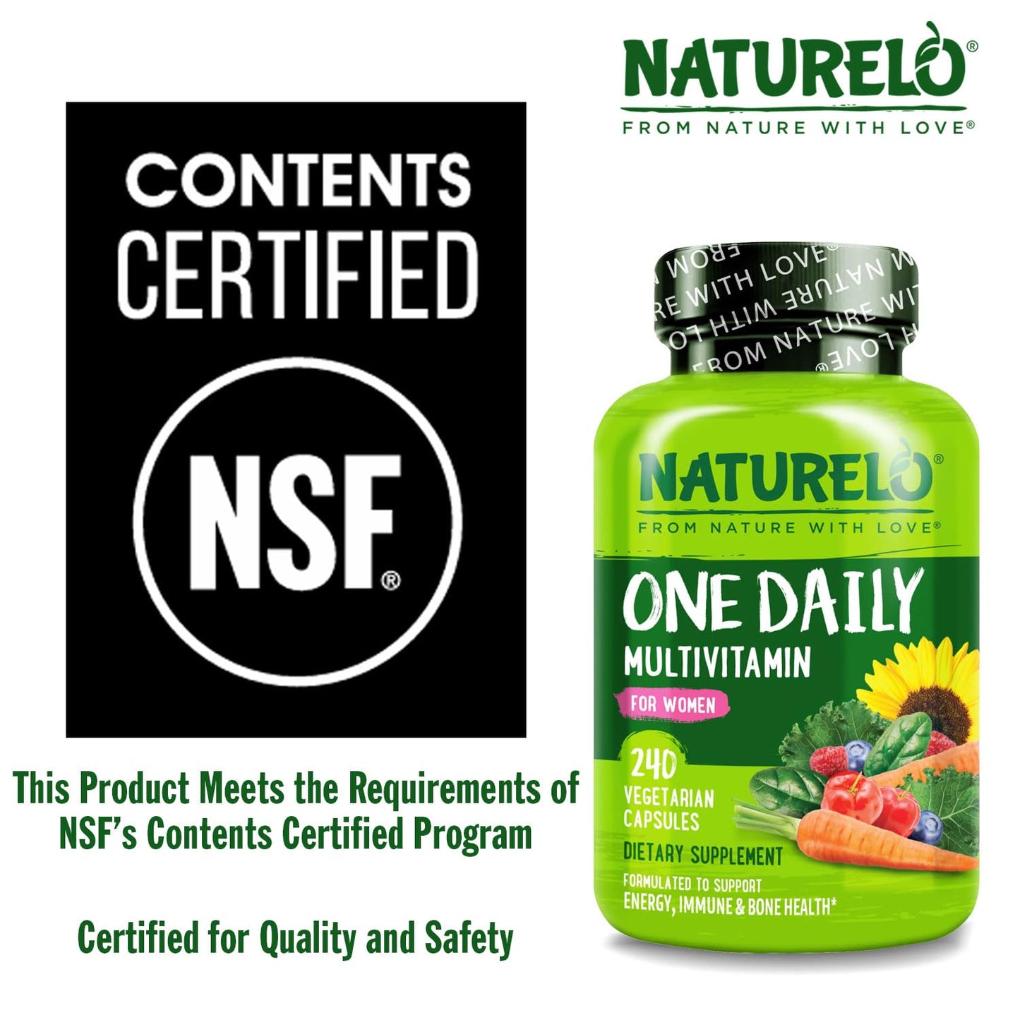 NATURELO One Daily Multivitamin for Women with Vitamin B12, 240 Count Capsules