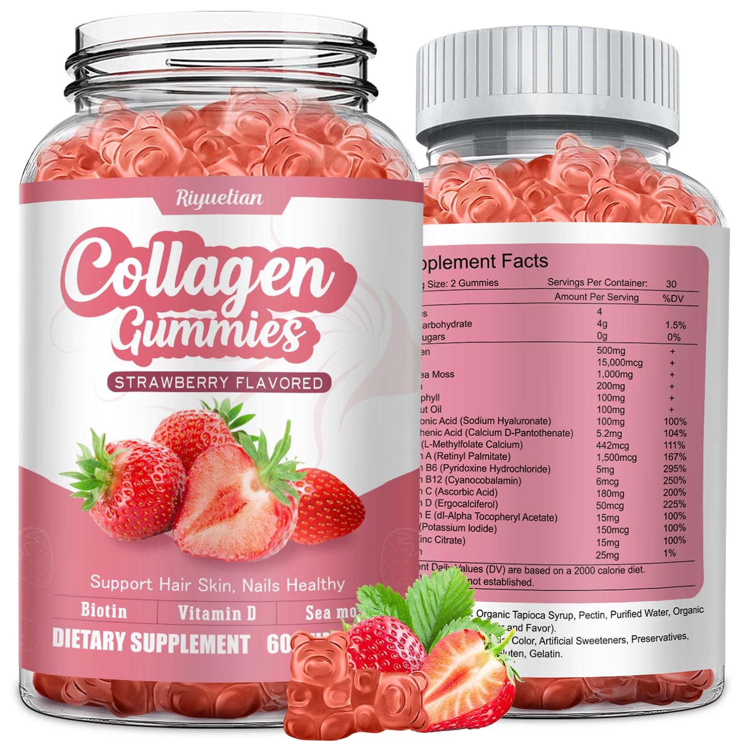 Riyuetian Collagen Gummies with Vitamin C, Zinc and Biotin, 60 Gummies