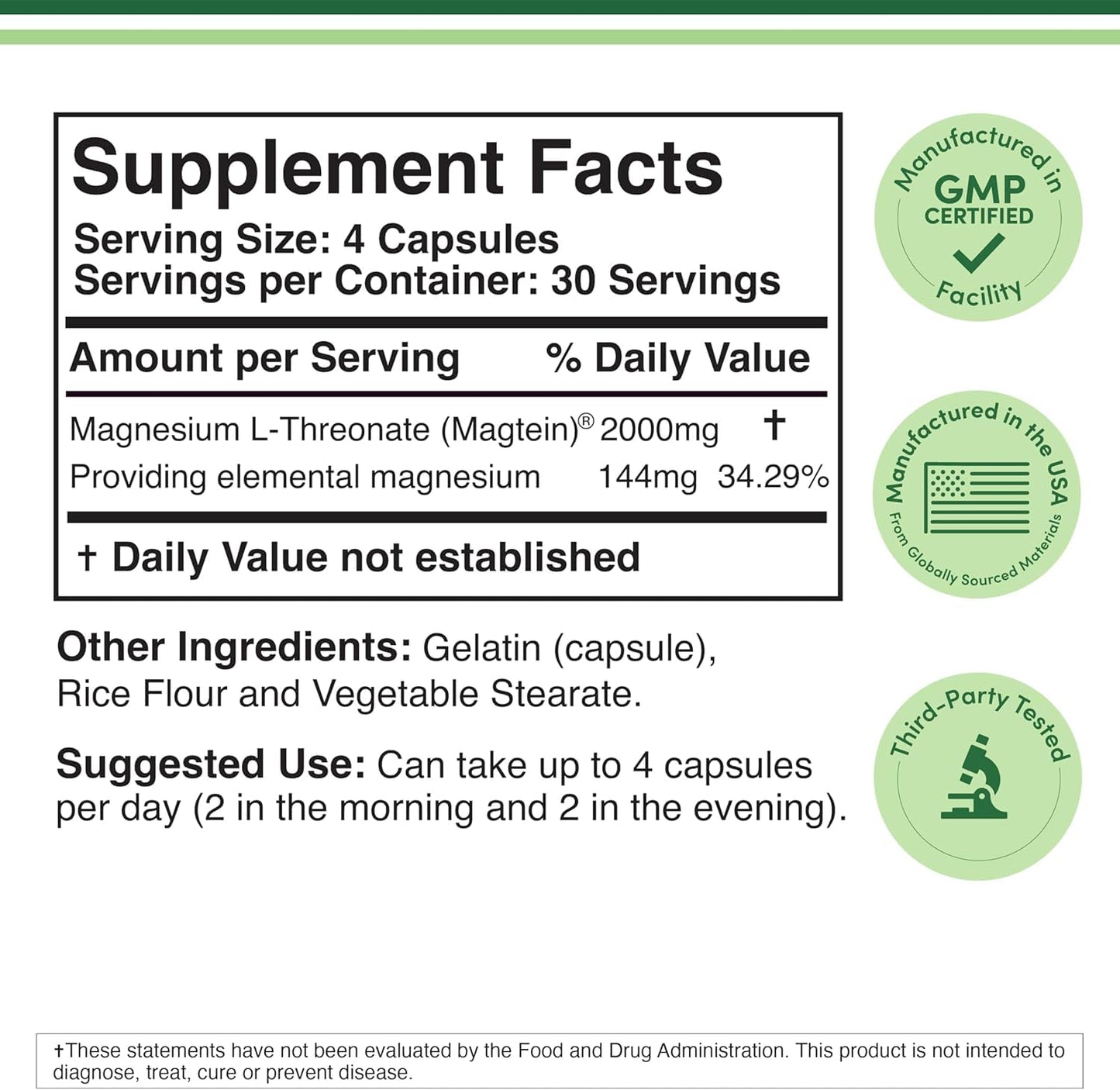Double Wood Supplements Magnesium L-Threonate Magtein Capsules, 120 Count