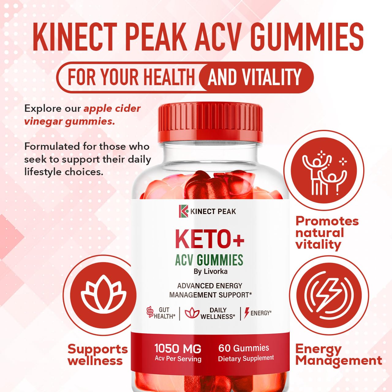 LIVORKA Kinect Peak Keto ACV Gummies, 120 Gummies