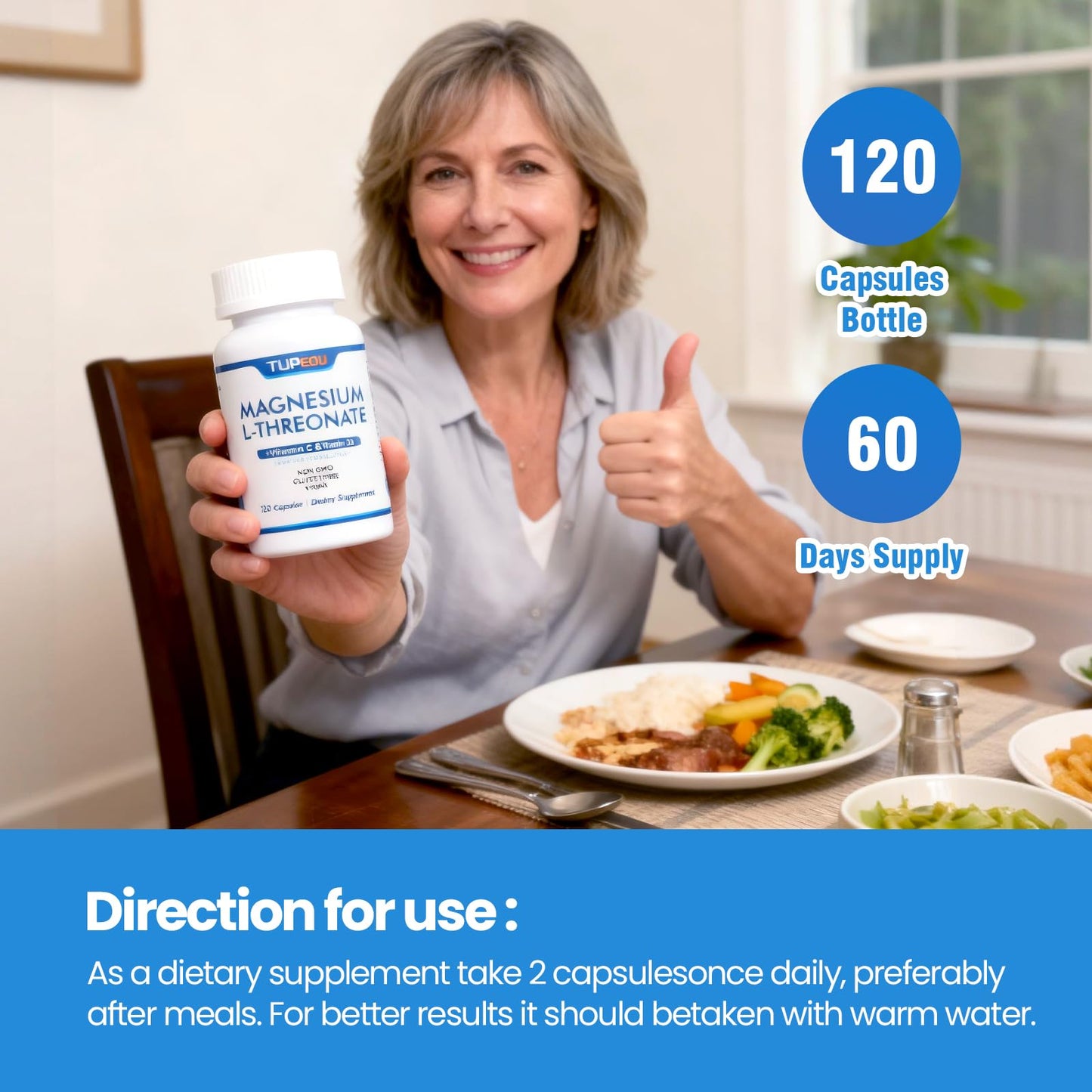 tupeou Magnesium L-Threonate with Vitamin D3 and Vitamin C, 120 Capsules