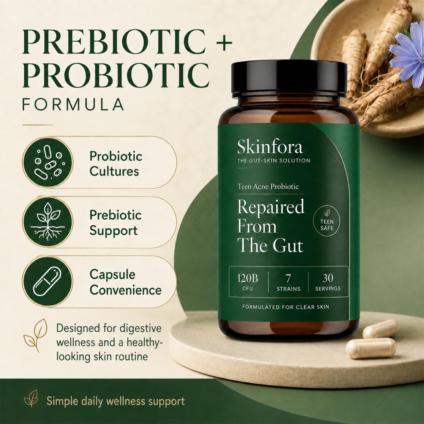 Golden Dunes Skinfora Gut Skin Probiotic Supplement Capsule, 60 Capsules