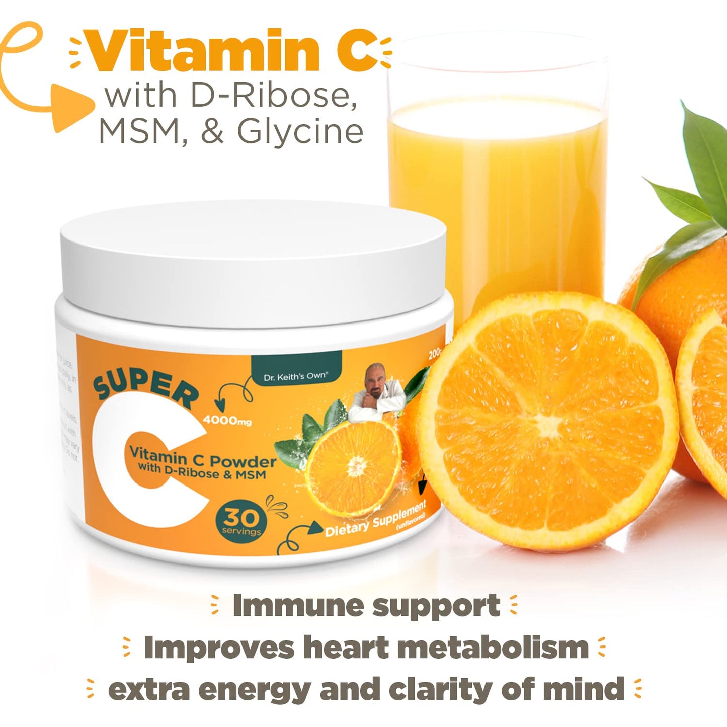 Dr. Keith's Own Buffered Vitamin C Powder 4000mg, Glycine & MSM 200g, 7.0548 oz