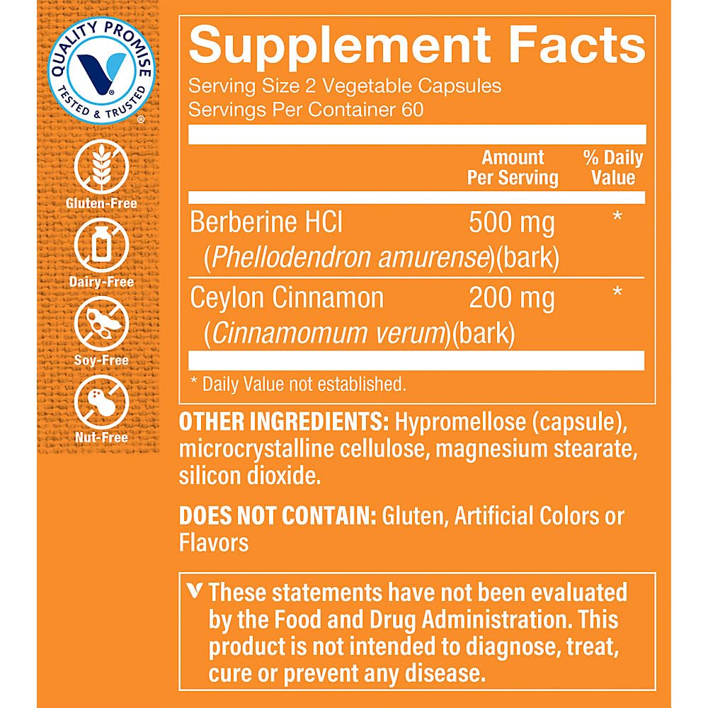 The Vitamin Shoppe Berberine Ceylon Cinnamon Supports Blood Sugar Vegetarian Capsules 120