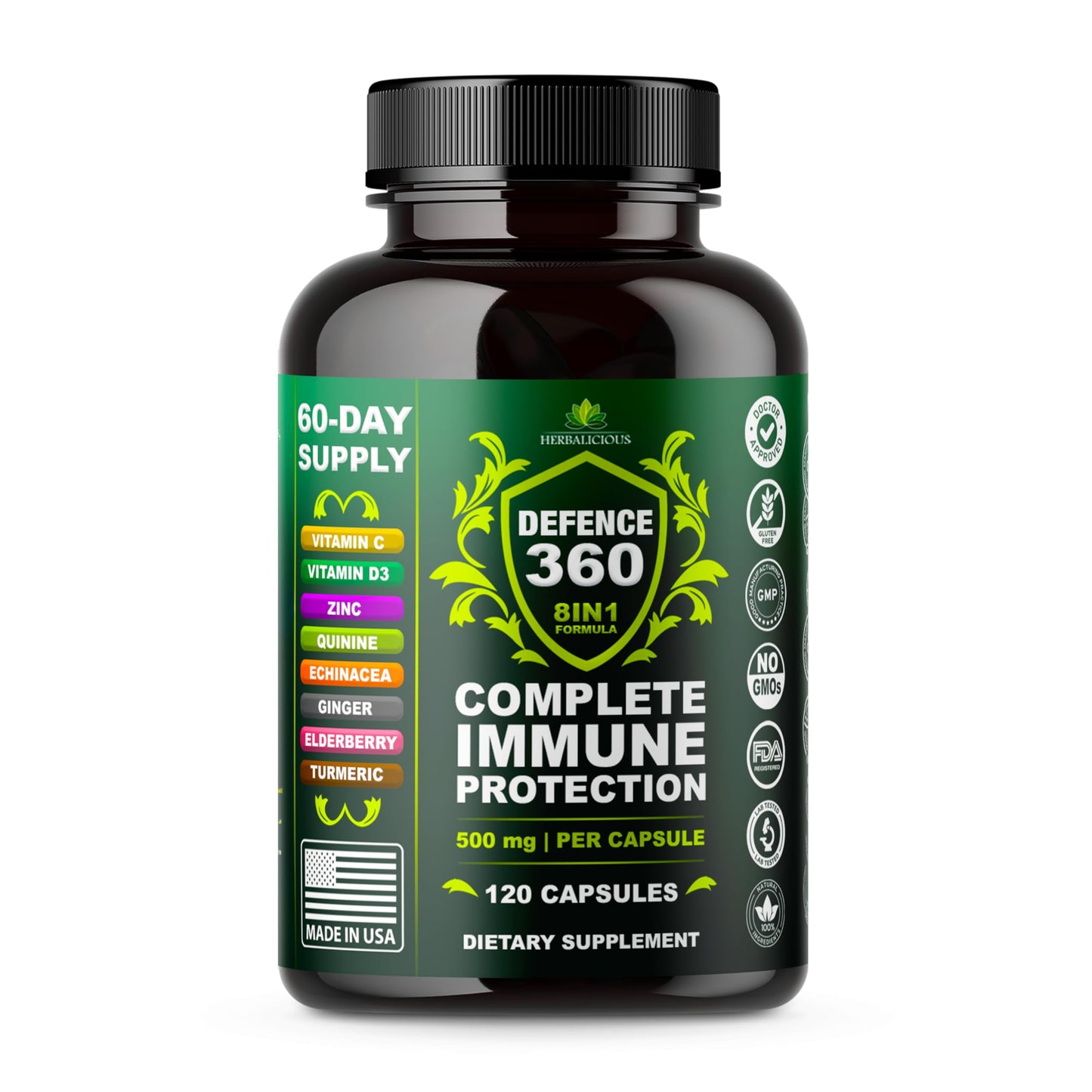 HERBALICIOUS Defence360 Immune Support 8-in-1 Supplement with Vitamin C, D3, Zinc, Elderberry, Echinacea, Turmeric, Ginger & Quinine, Immune Protection, Energy and Vigor, Brain Boost, Stress Relief Capsules 120