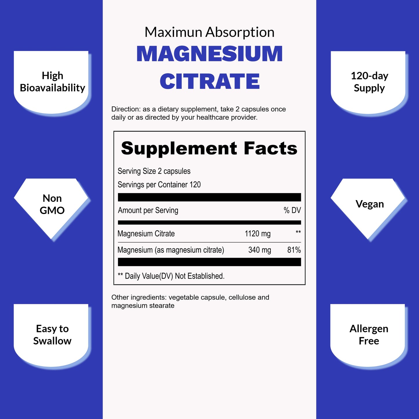 UpNourish Pure Magnesium Citrate Capsules 1120mg, 240 Count